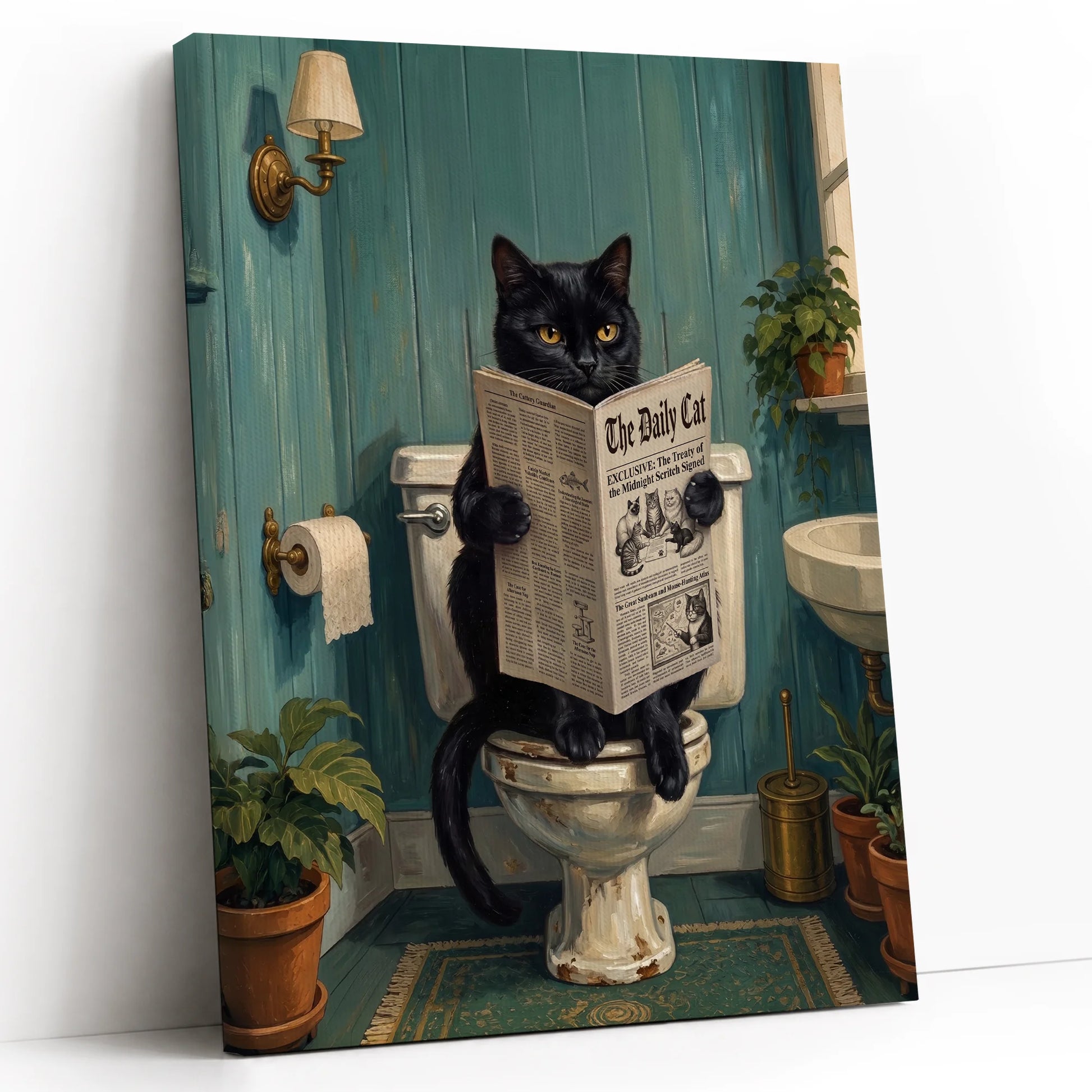 Funny Black Cat Reading Newspaper In Toilet - Funny Canvas Wall Art - 0