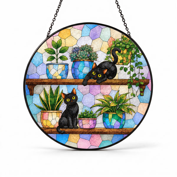 Cats on Plant Shelf Suncatcher - Personalized Stained Glass Window Hanging
