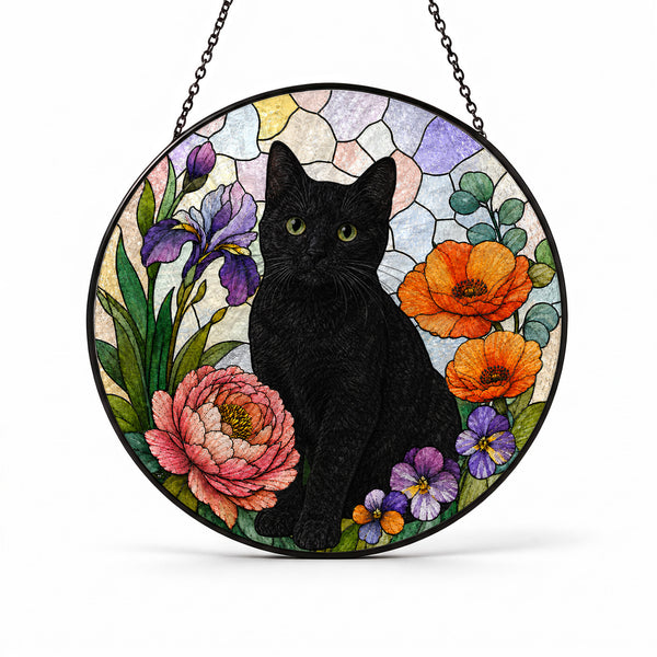 Black Cat Suncatcher, Floral Window Hanging - Personalized Stained Glass