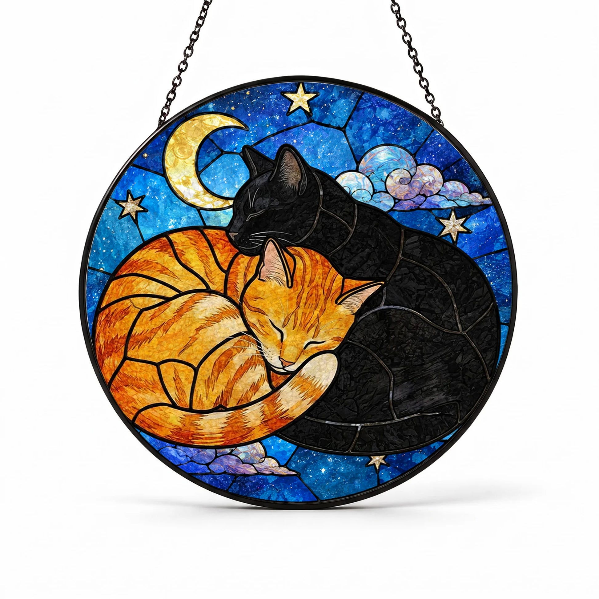 Black Cat Portrait Suncatcher - Personalized Stained Glass Window Hanging - Front