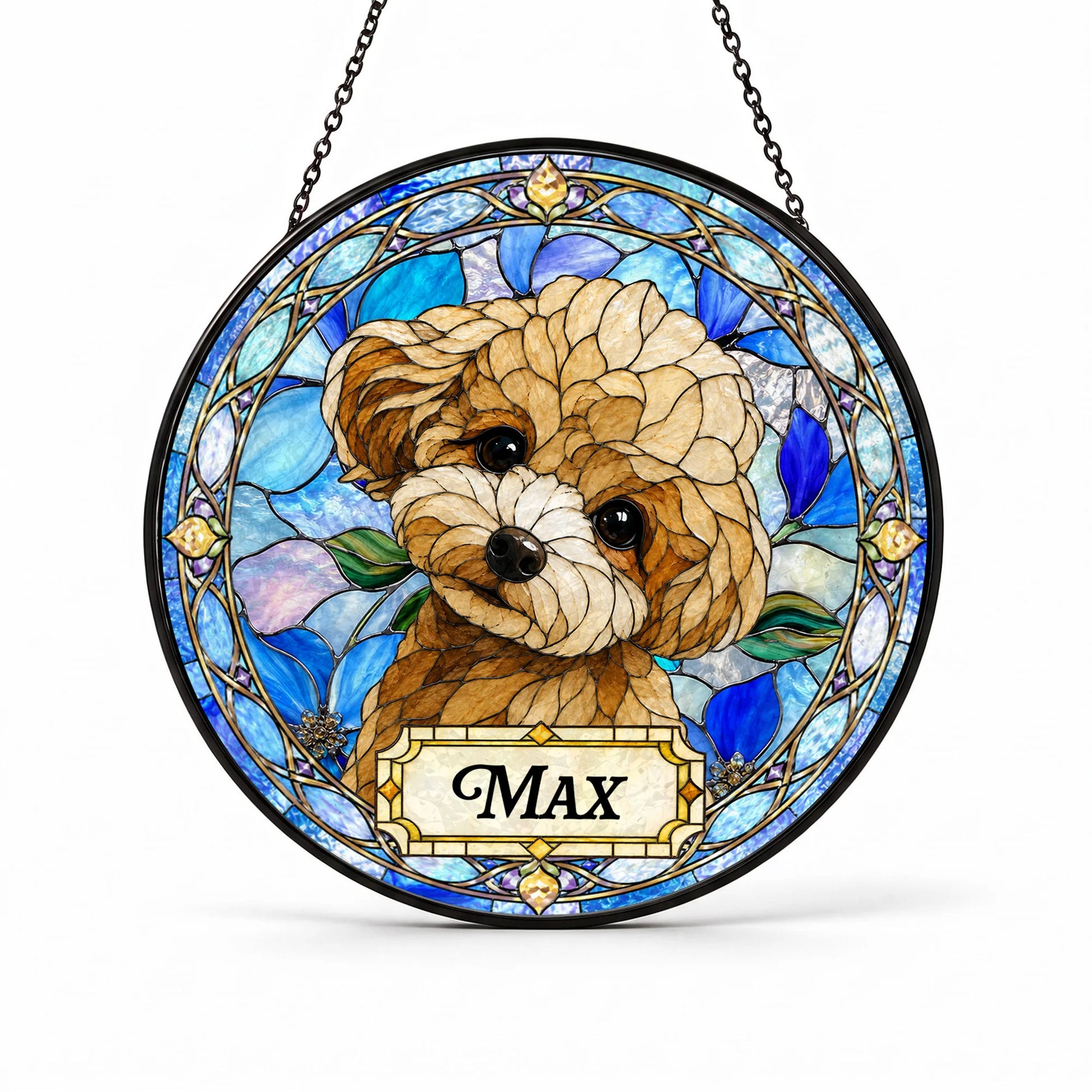 Custom Dog Portrait Suncatcher - Personalized Stained Glass Window Hanging - Front