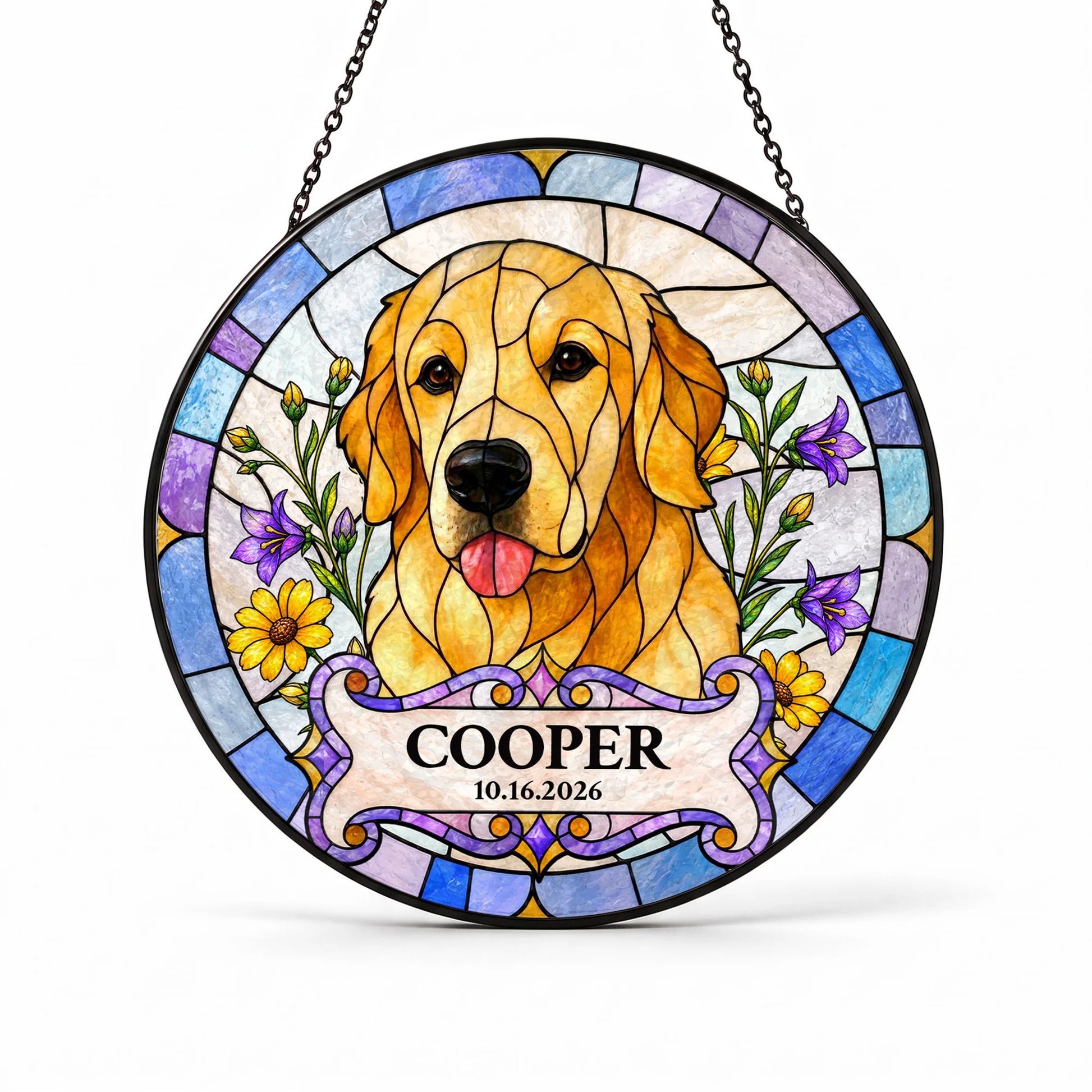 Custom Dog Portrait Suncatcher - Personalized Stained Glass Window Hanging - Front