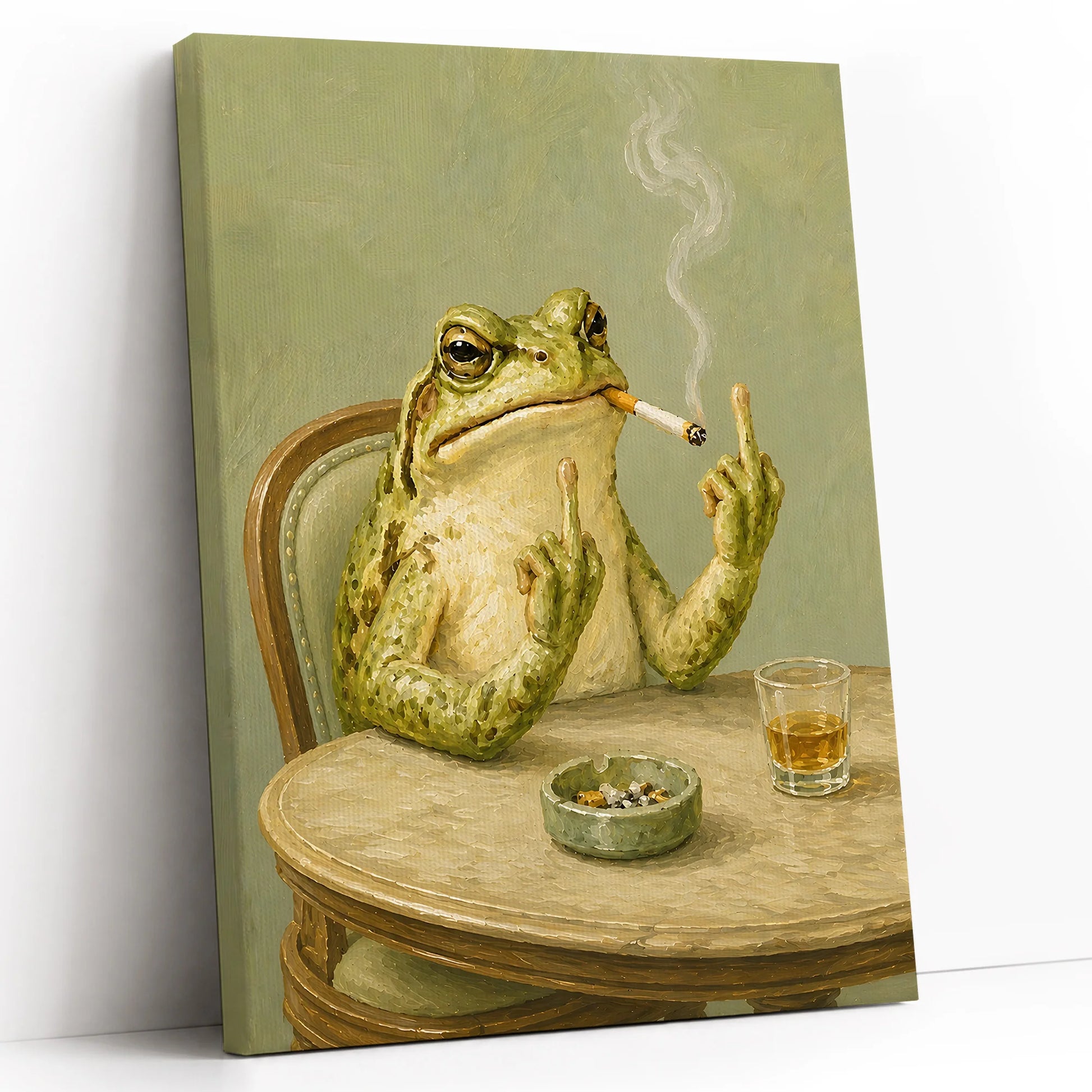 Funky Frog Smoking Middle Finger  - Funny Canvas Wall Art - Vertical