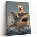 Funny White Cat Riding Shark - Funny Canvas Wall Art - Vertical