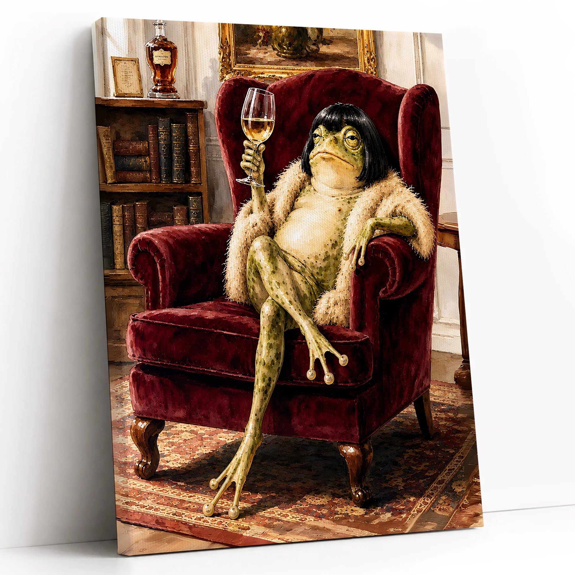 Vintage Whimsical Bob Hair Frog Drinking Champagne  - Funny Canvas Wall Art - Vertical