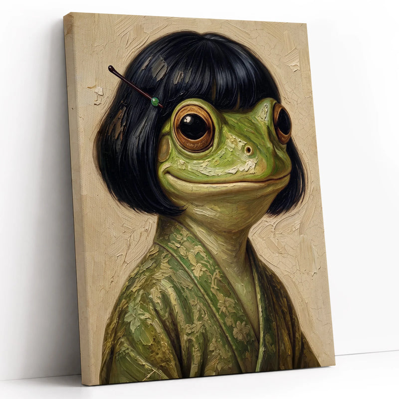 Whimsical Bob Hair Frog Portrait Vintage - Funny Canvas Wall Art