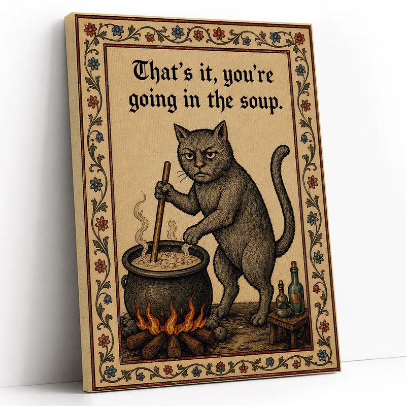 Funny Medieval Cat Going In The Soup Vintage - Funny Canvas Wall Art