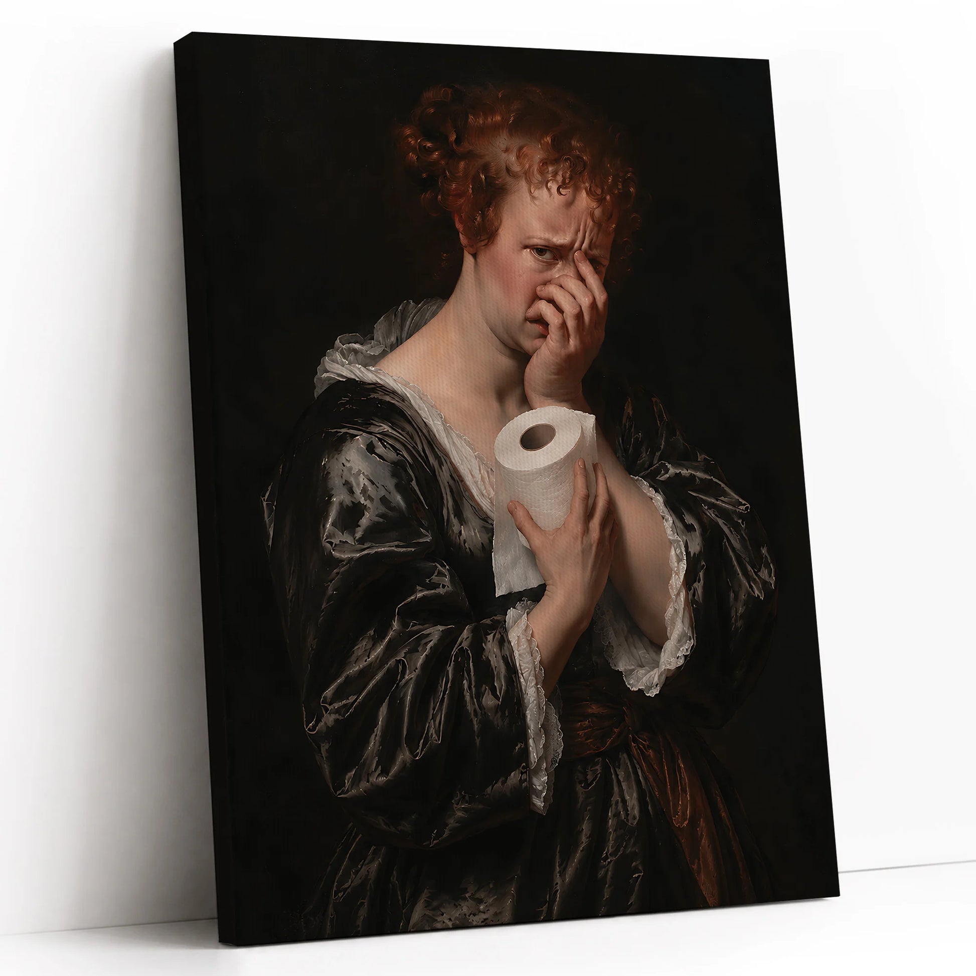 Funny Bathroom Woman Covering Nose - Funny Canvas Wall Art - White Background Vertical