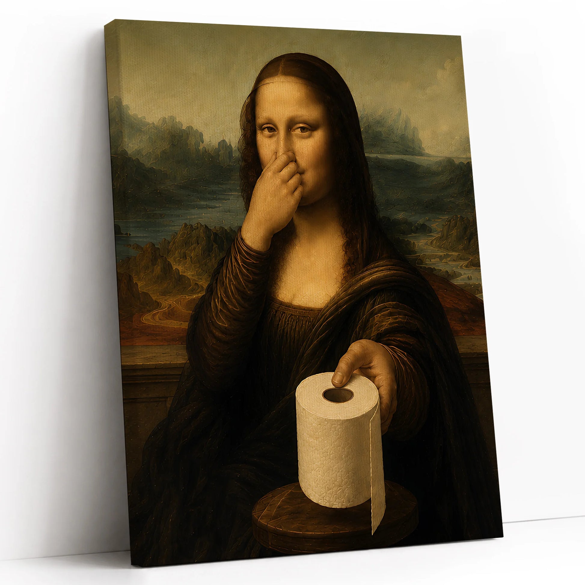 Funny Mona Lisa Pinching Nose Bathroom Parody - Funny Canvas Wall Art - White Background Vertical