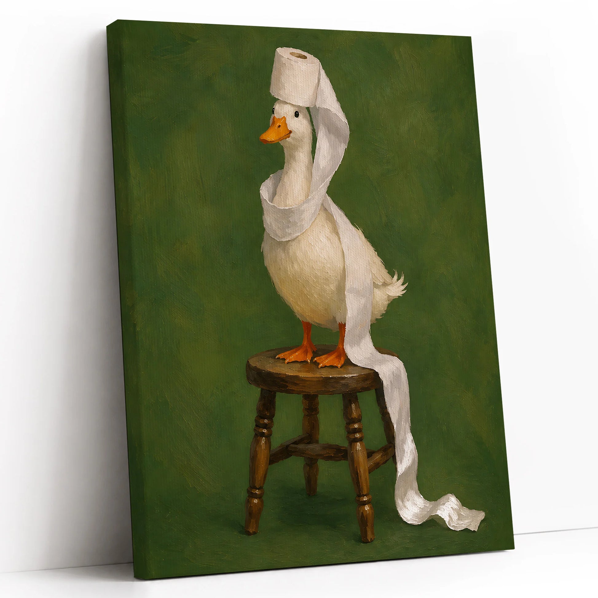 Funny Duck Toilet Paper Vintage Painting Print Art - Funny Canvas Wall Art - White Background Vertical
