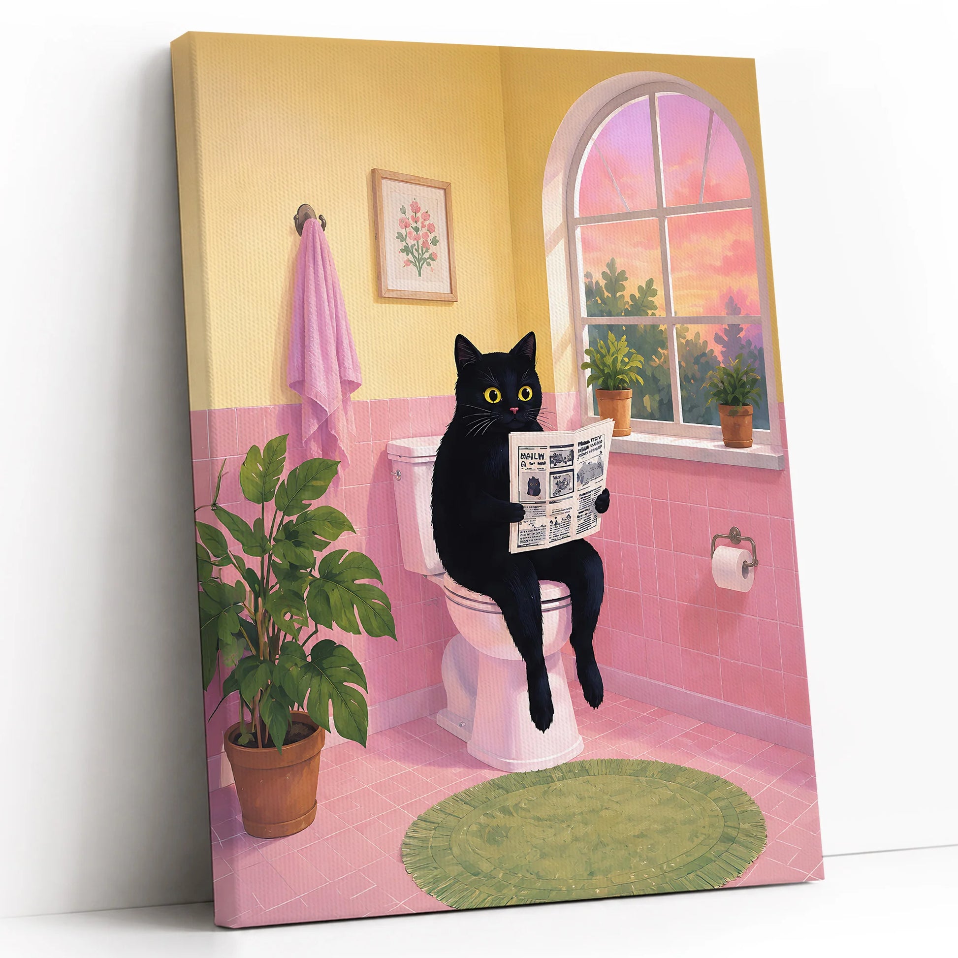 Cute Black Cat Sitting on Toilet Reading Newspaper - Funny Canvas Wall Art - White Background Vertical