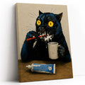 Quirky Black Cat Brushing Teeth Painting Humorous Bathroom Print Art  - Funny Canvas Wall Art - White Background Vertical