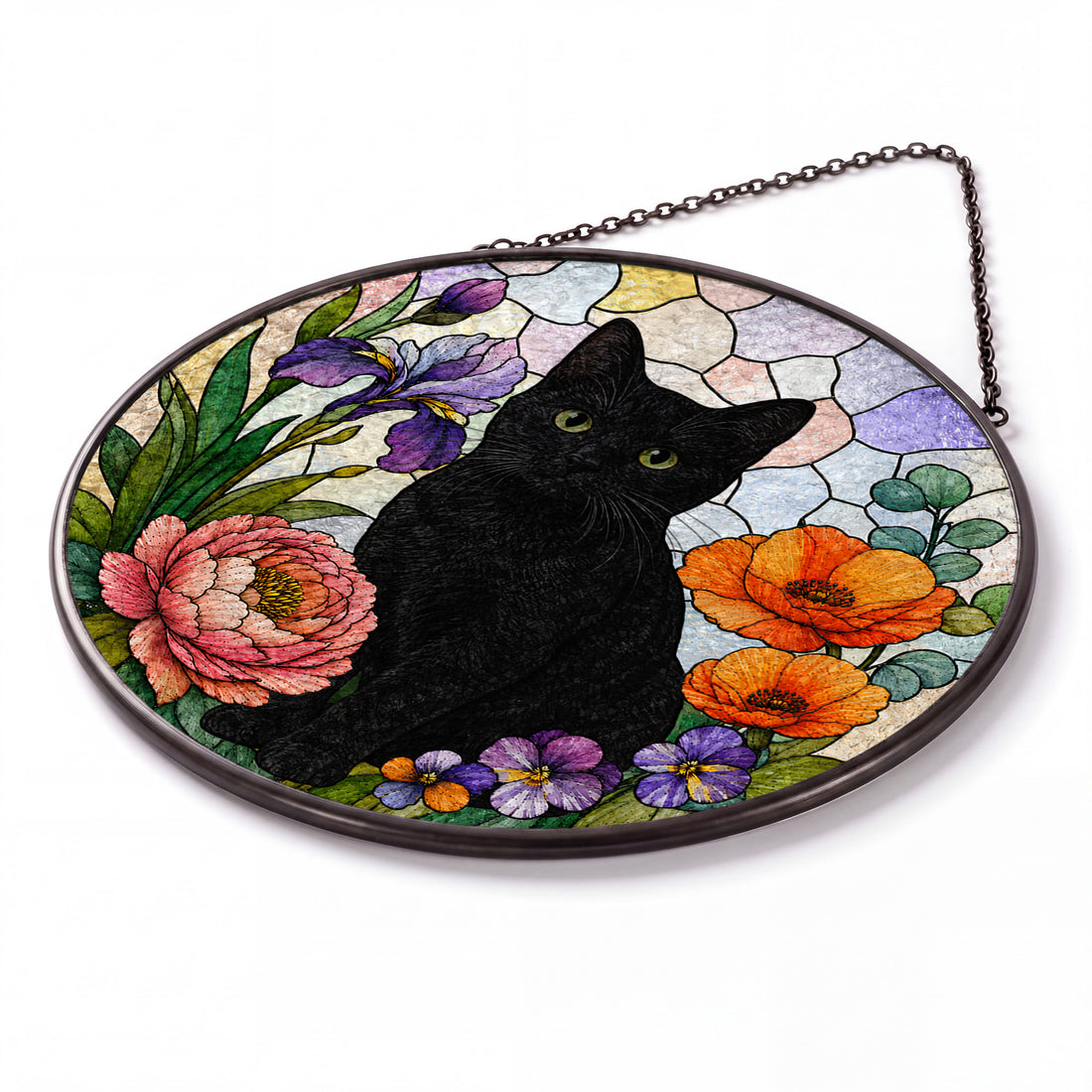 Black Cat Suncatcher, Floral Window Hanging - Personalized Stained Glass