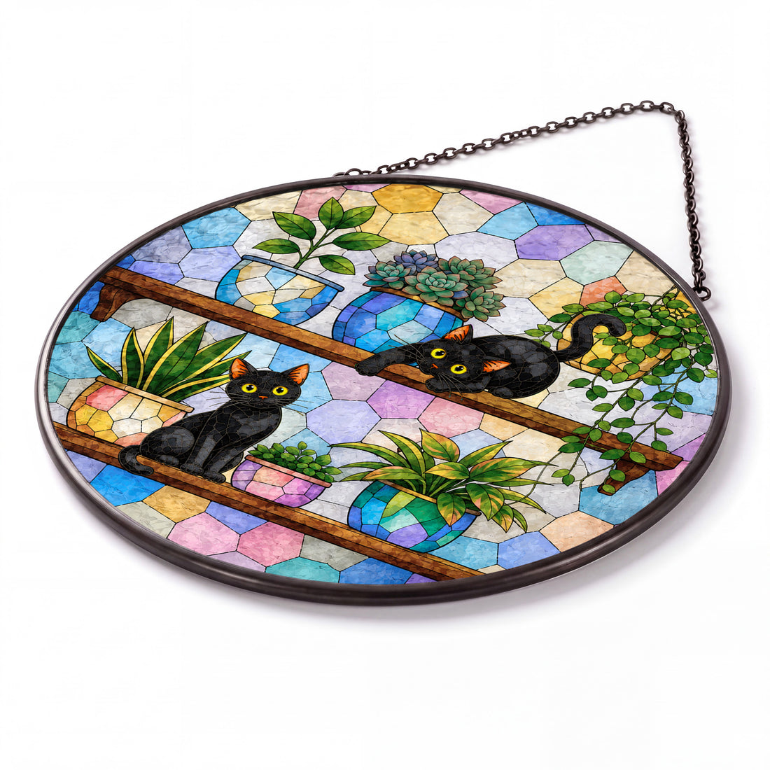 Cats on Plant Shelf Suncatcher - Personalized Stained Glass Window Hanging