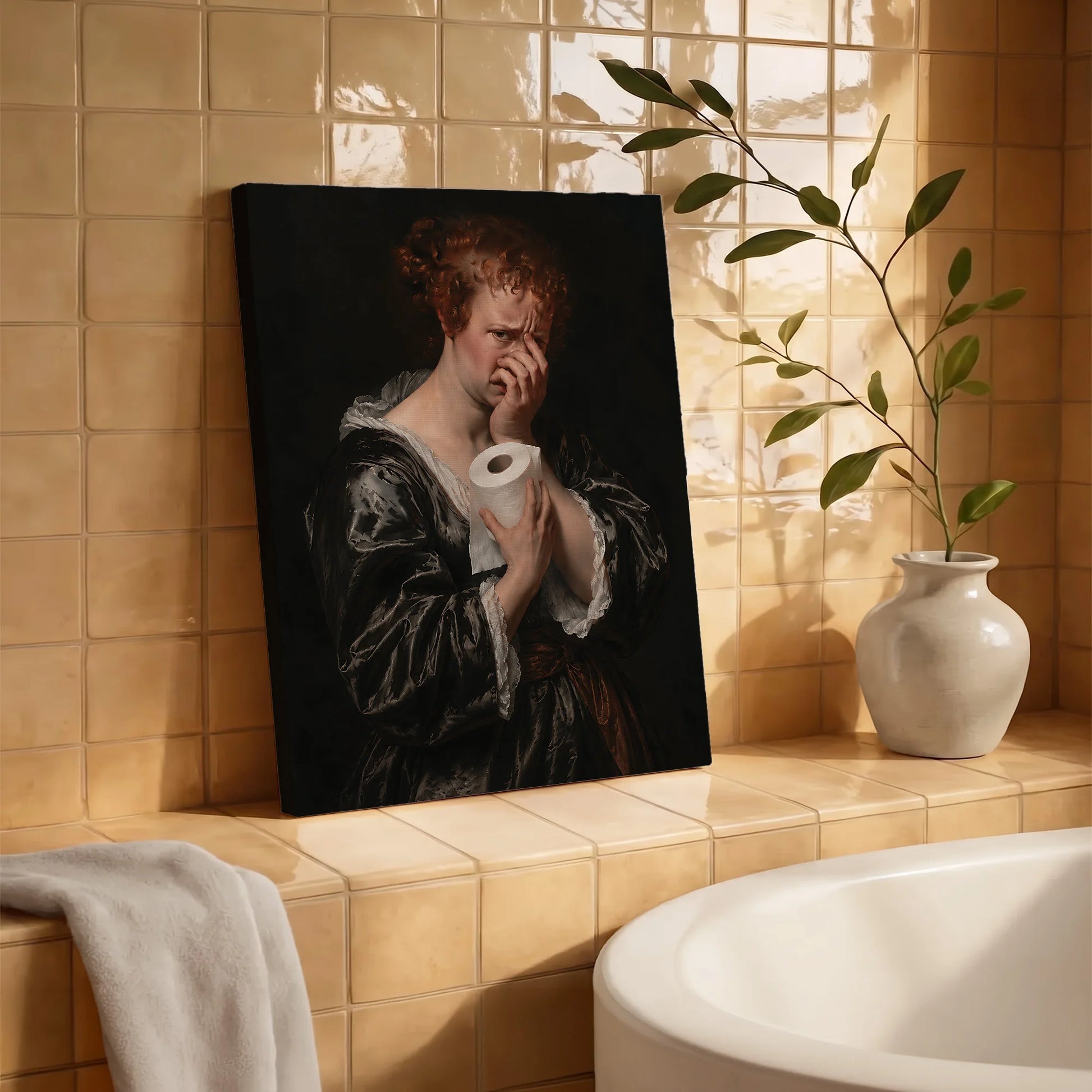 Funny Bathroom Woman Covering Nose - Funny Canvas Wall Art - Bathroom Wrapped Canvas