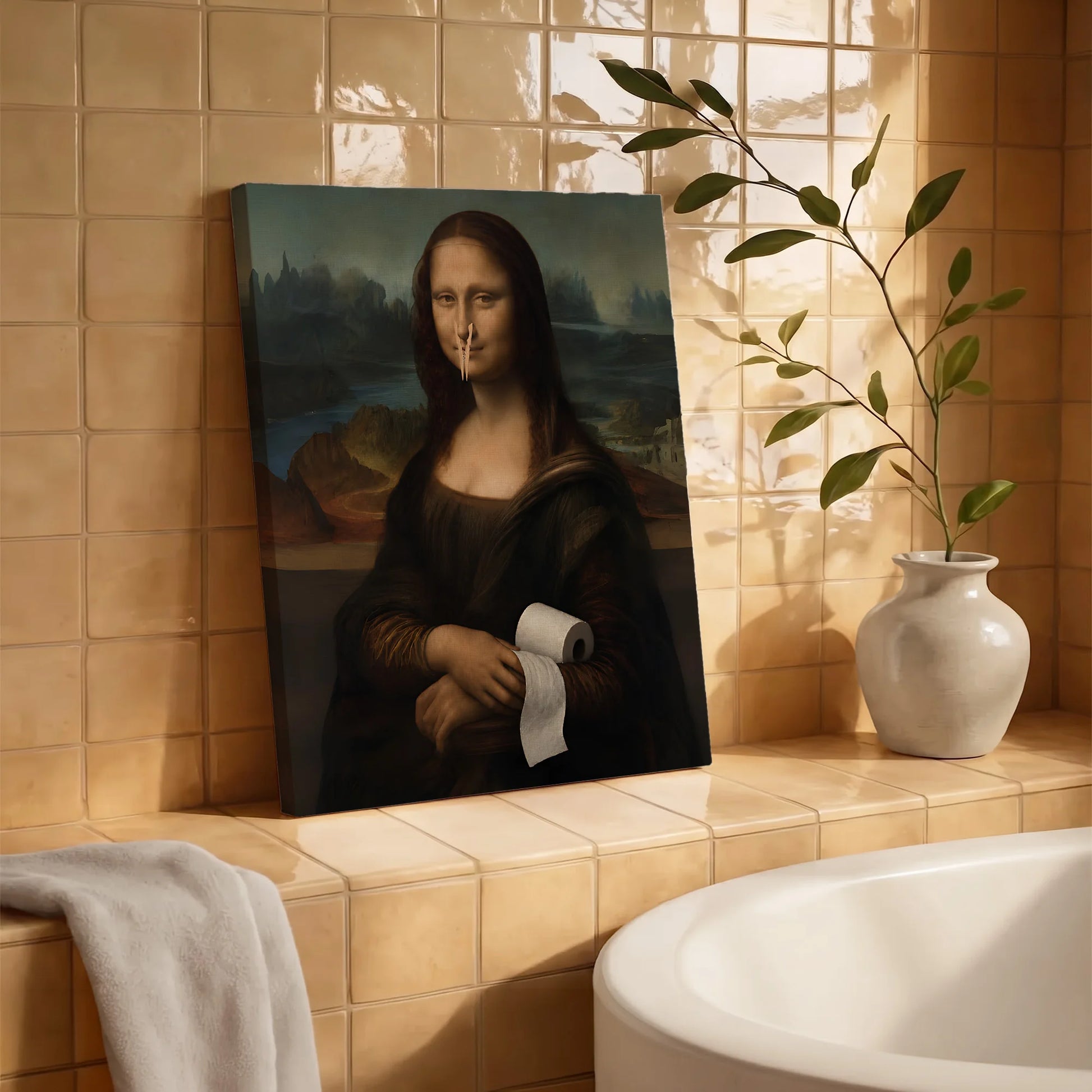 Funny Mona Lisa with Clothespin - Funny Canvas Wall Art - Bathroom Wrapped Canvas