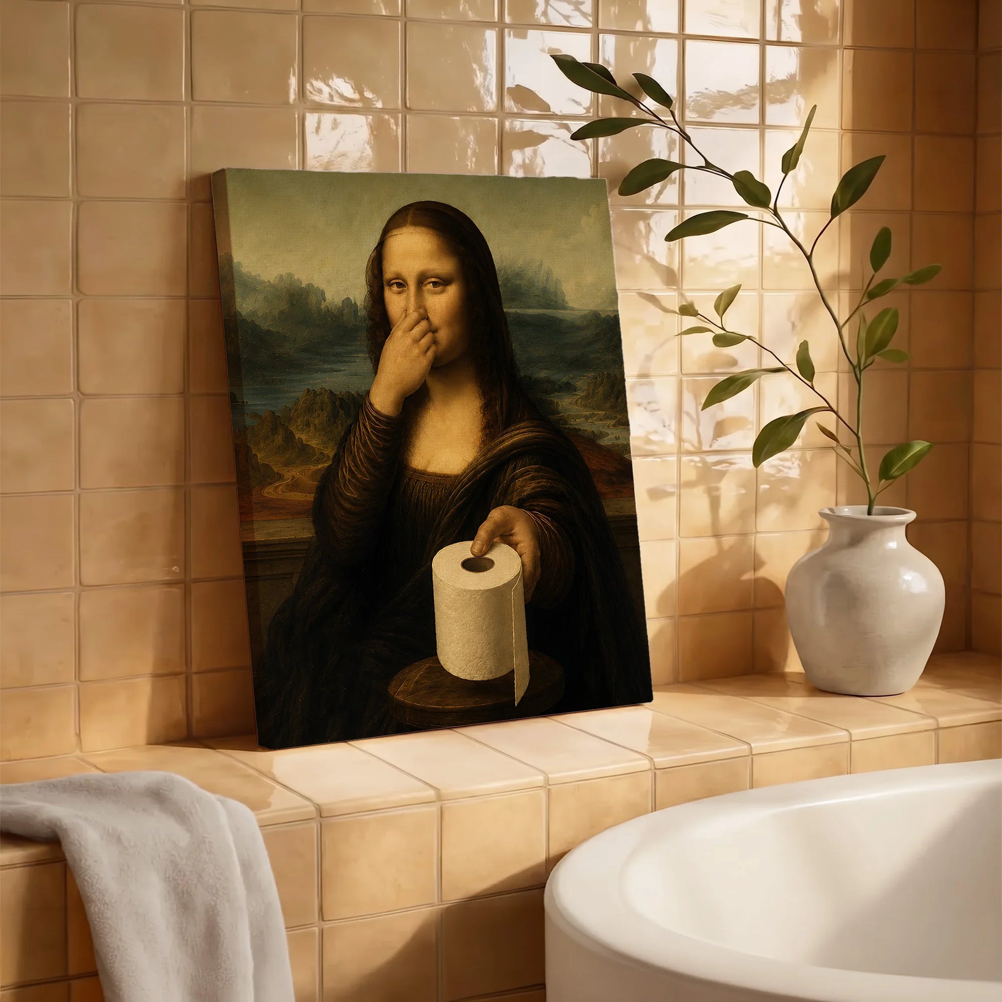 Funny Mona Lisa Pinching Nose Bathroom Parody - Funny Canvas Wall Art - Bathroom Wrapped Canvas