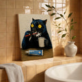 Quirky Black Cat Brushing Teeth Painting Humorous Bathroom Print Art  - Funny Canvas Wall Art - Bathroom Wrapped Canvas
