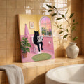 Cute Black Cat Sitting on Toilet Reading Newspaper - Funny Canvas Wall Art - Bathroom Wrapped Canvas