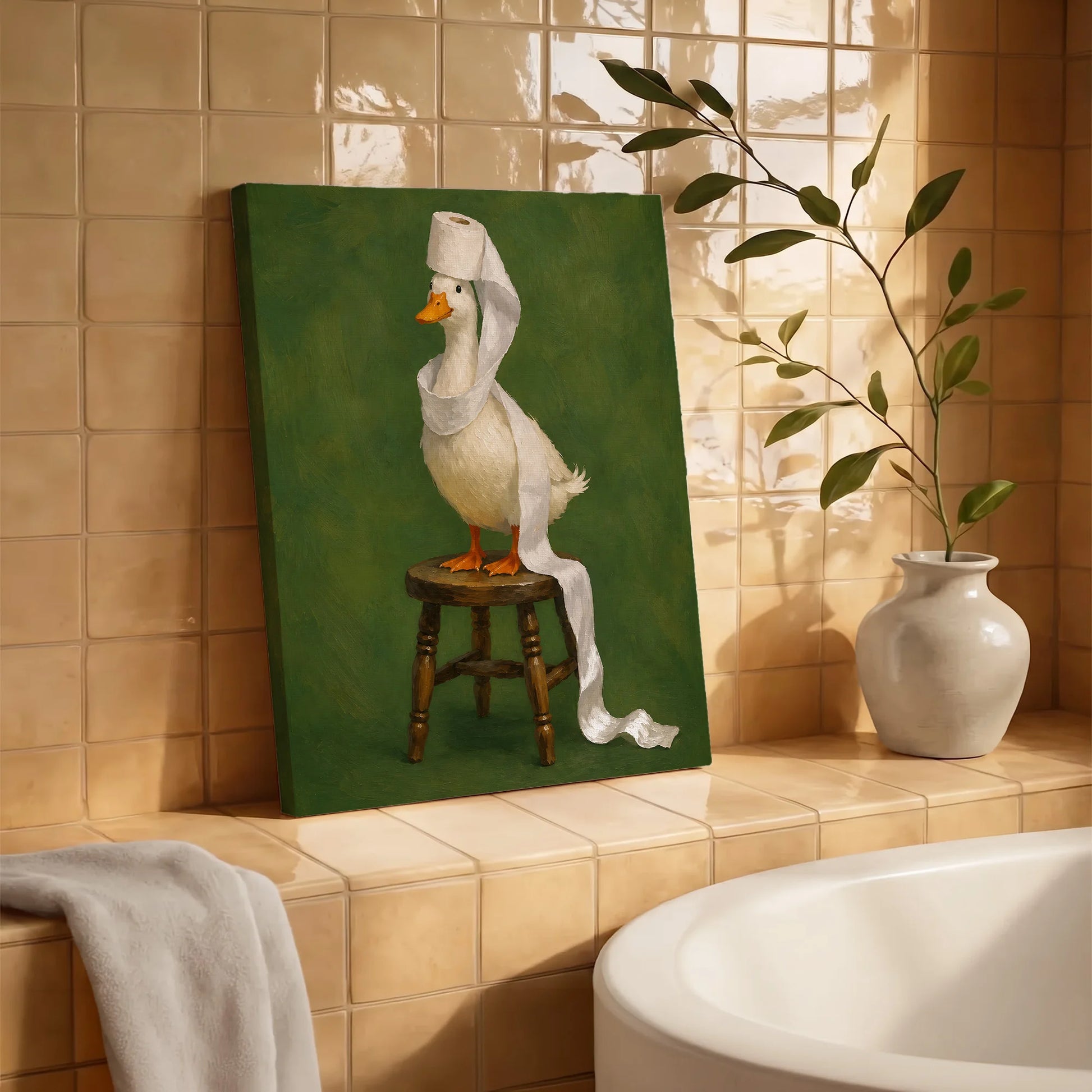 Funny Duck Toilet Paper Vintage Painting Print Art - Funny Canvas Wall Art - Bathroom Wrapped Canvas