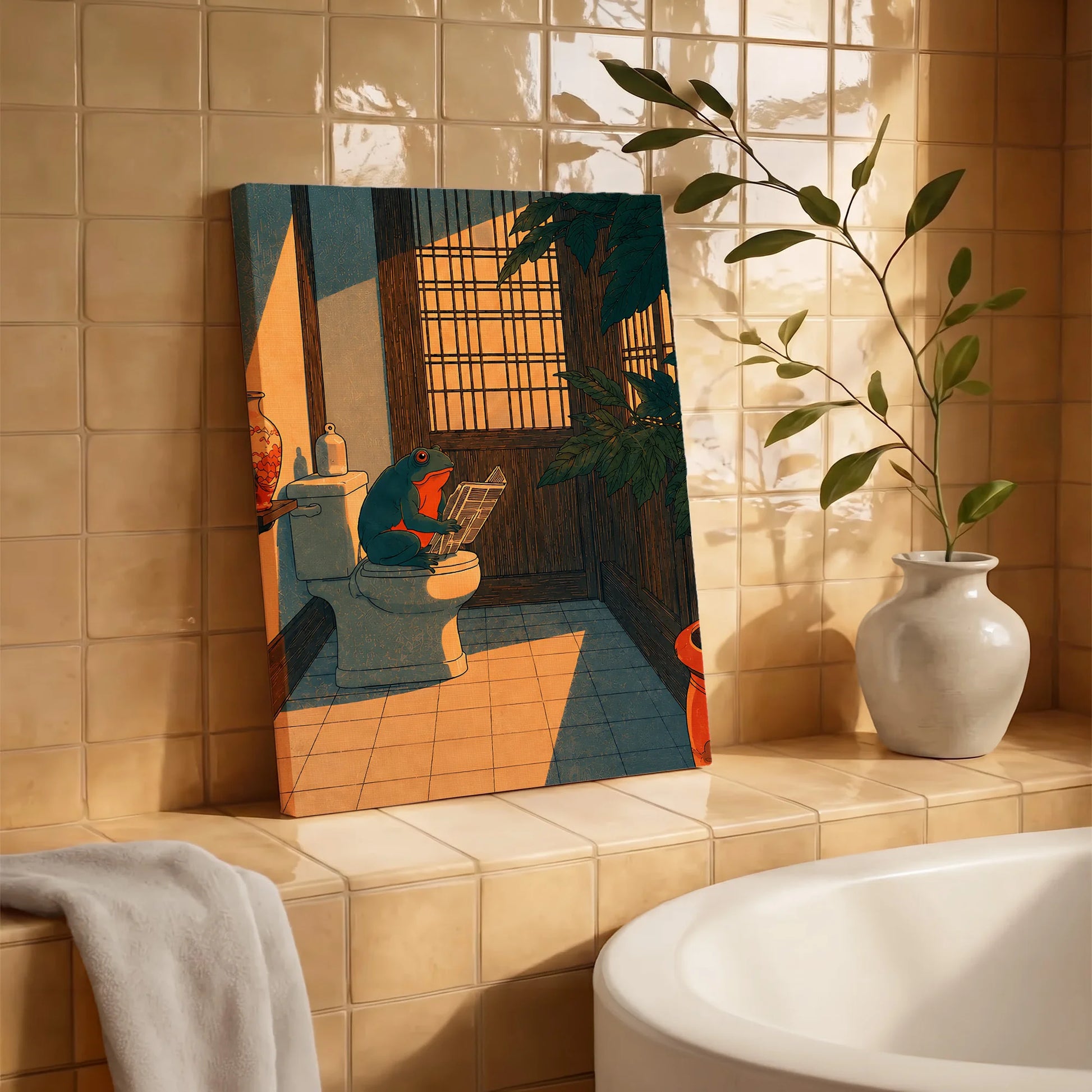 Funny Japanese Frog in Toilet - Funny Canvas Wall Art - Bathroom Wrapped Canvas