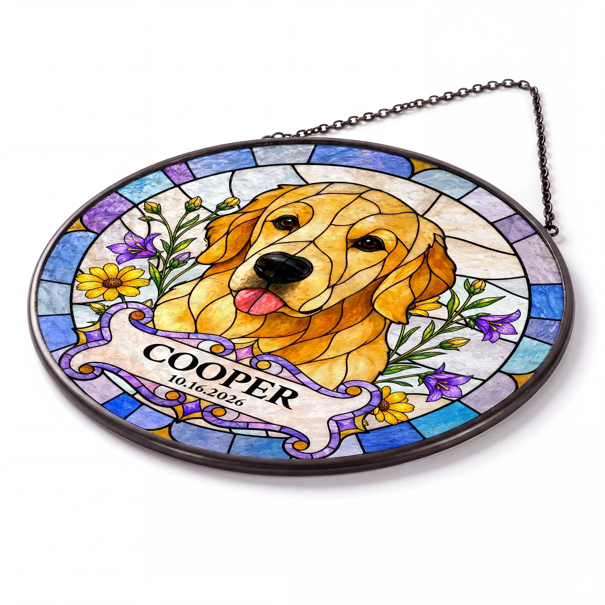 Custom Dog Portrait Suncatcher - Personalized Stained Glass Window Hanging - Detail