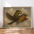 Vintage Whimsical Frog Riding - Funny Canvas Wall Art - Natural Frame 1