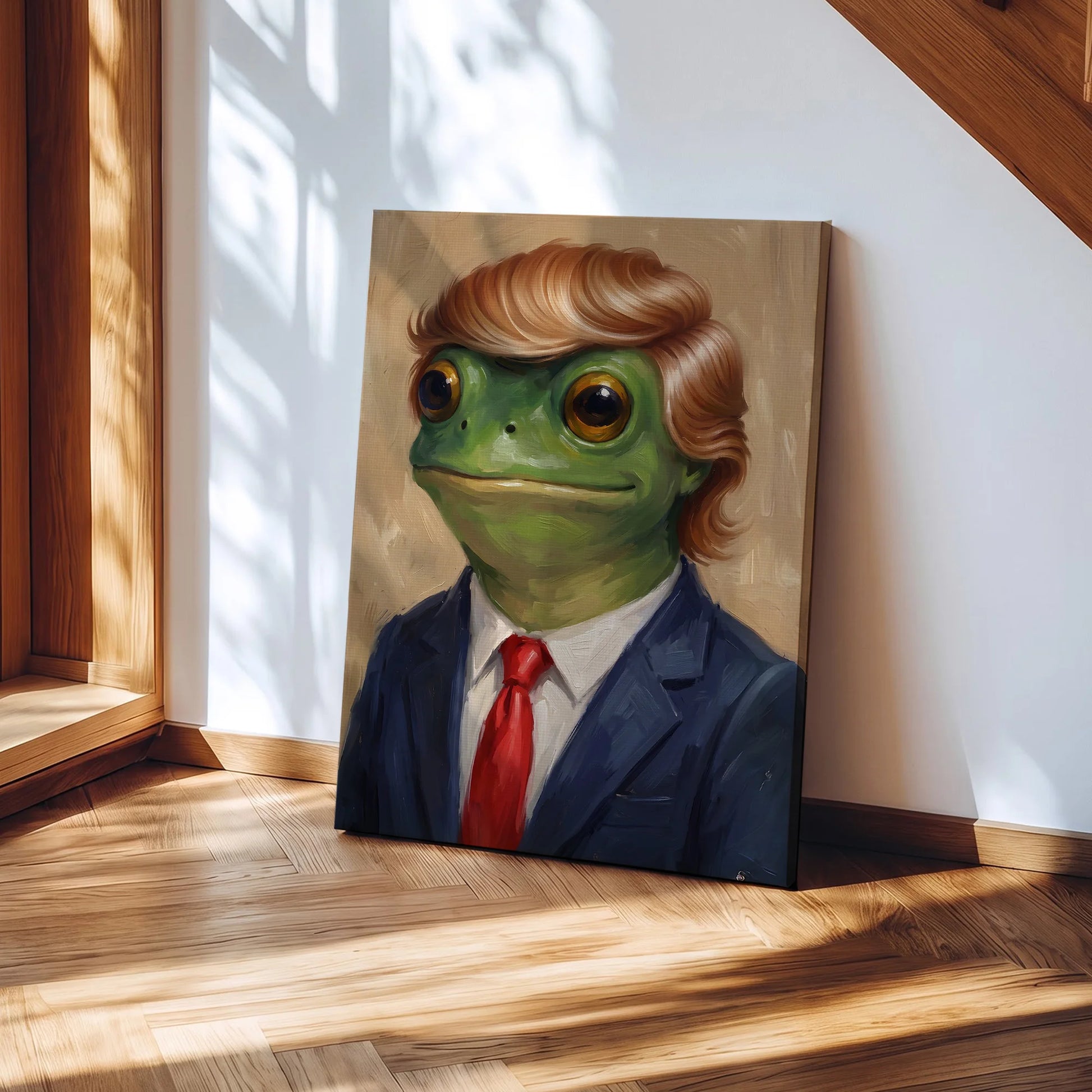 Funny Trump Frog Portrait Oil Painting Art Print Vintage - Funny Canvas Wall Art - Wrapped Canvas 1