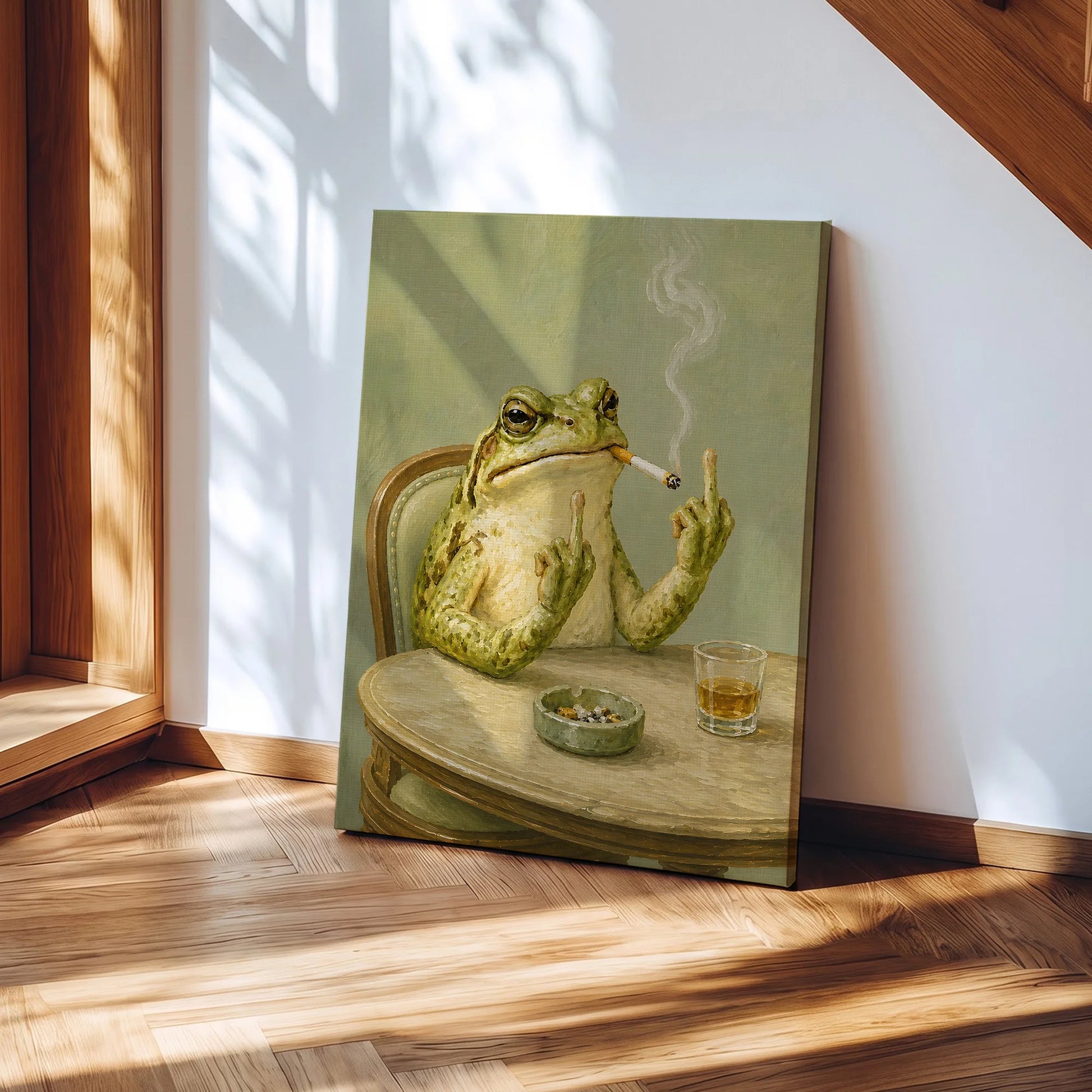 Funky Frog Smoking Middle Finger  - Funny Canvas Wall Art - Wrapped Canvas 1