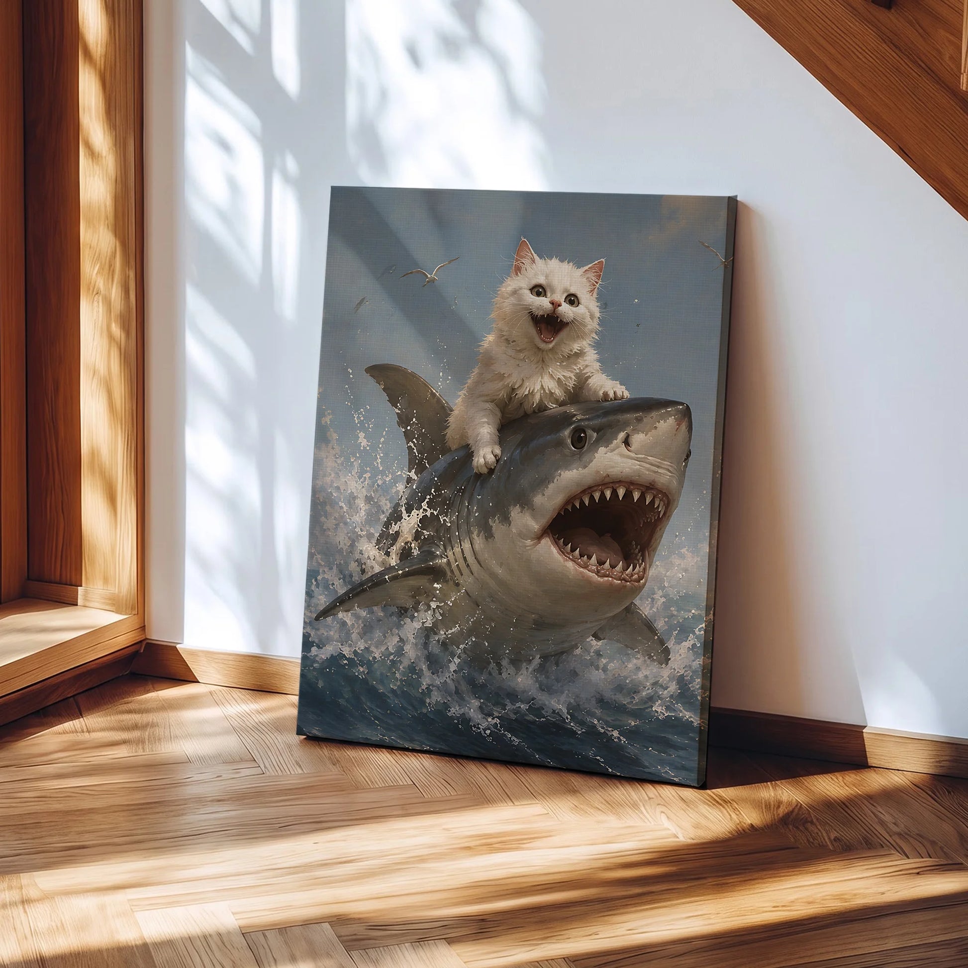 Funny White Cat Riding Shark - Funny Canvas Wall Art - Wrapped Canvas 1