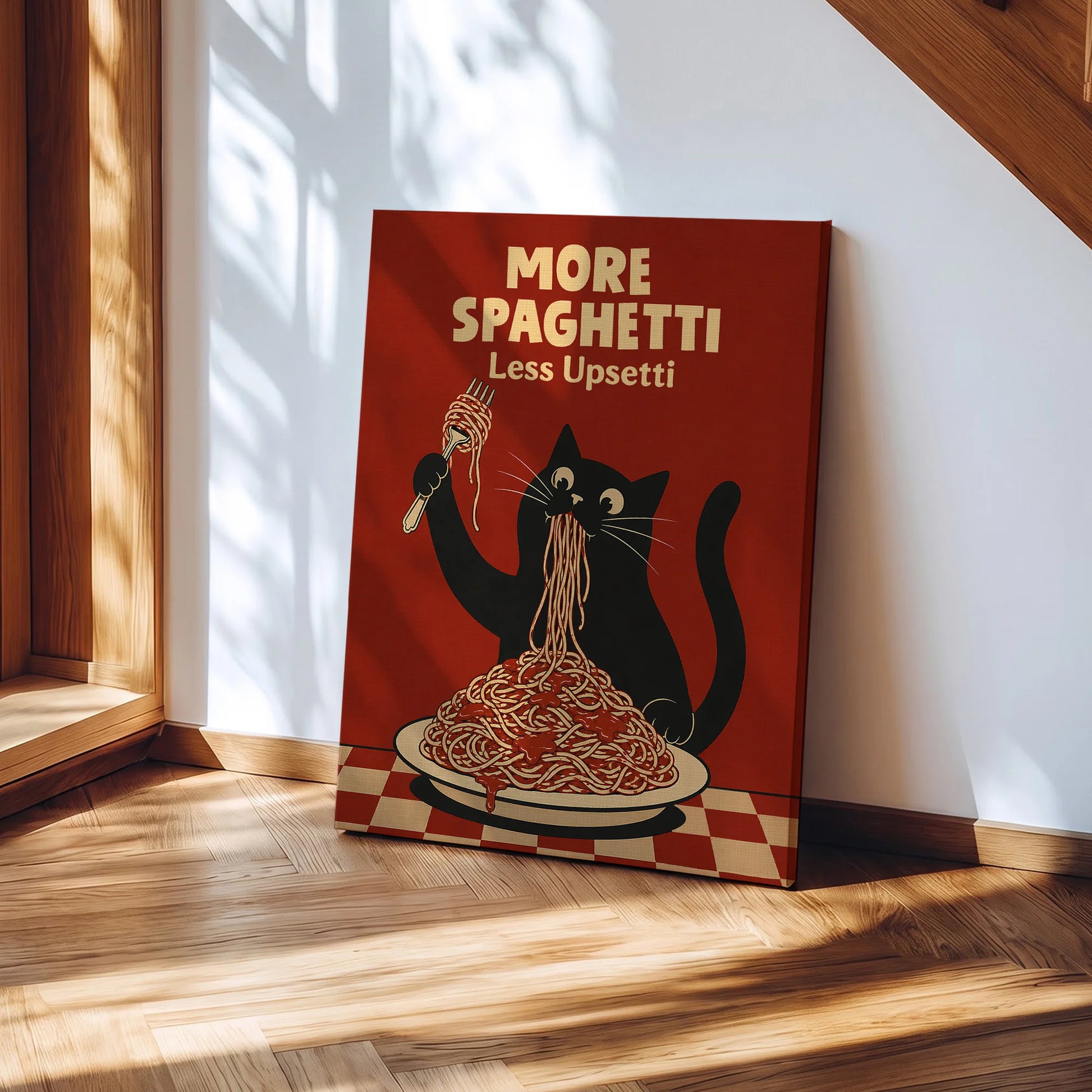 More Spaghetti Less Upsetti Funny Hungry Cat Spaghetti Art Print - Funny Canvas Wall Art - Wrapped Canvas 1