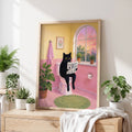 Cute Black Cat Sitting on Toilet Reading Newspaper - Funny Canvas Wall Art - Bathroom Nature Frame 1