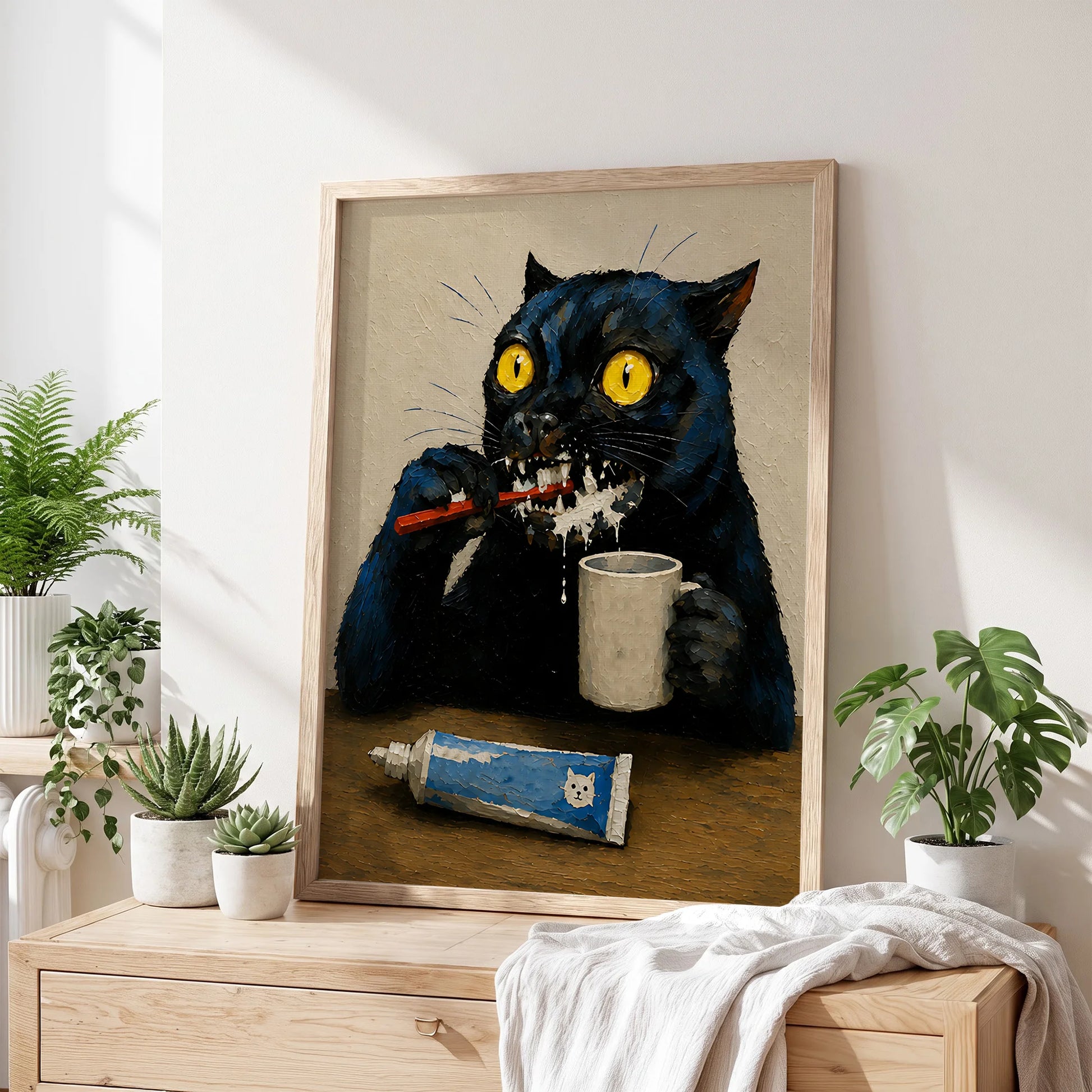 Quirky Black Cat Brushing Teeth Painting Humorous Bathroom Print Art  - Funny Canvas Wall Art - Bathroom Nature Frame 1