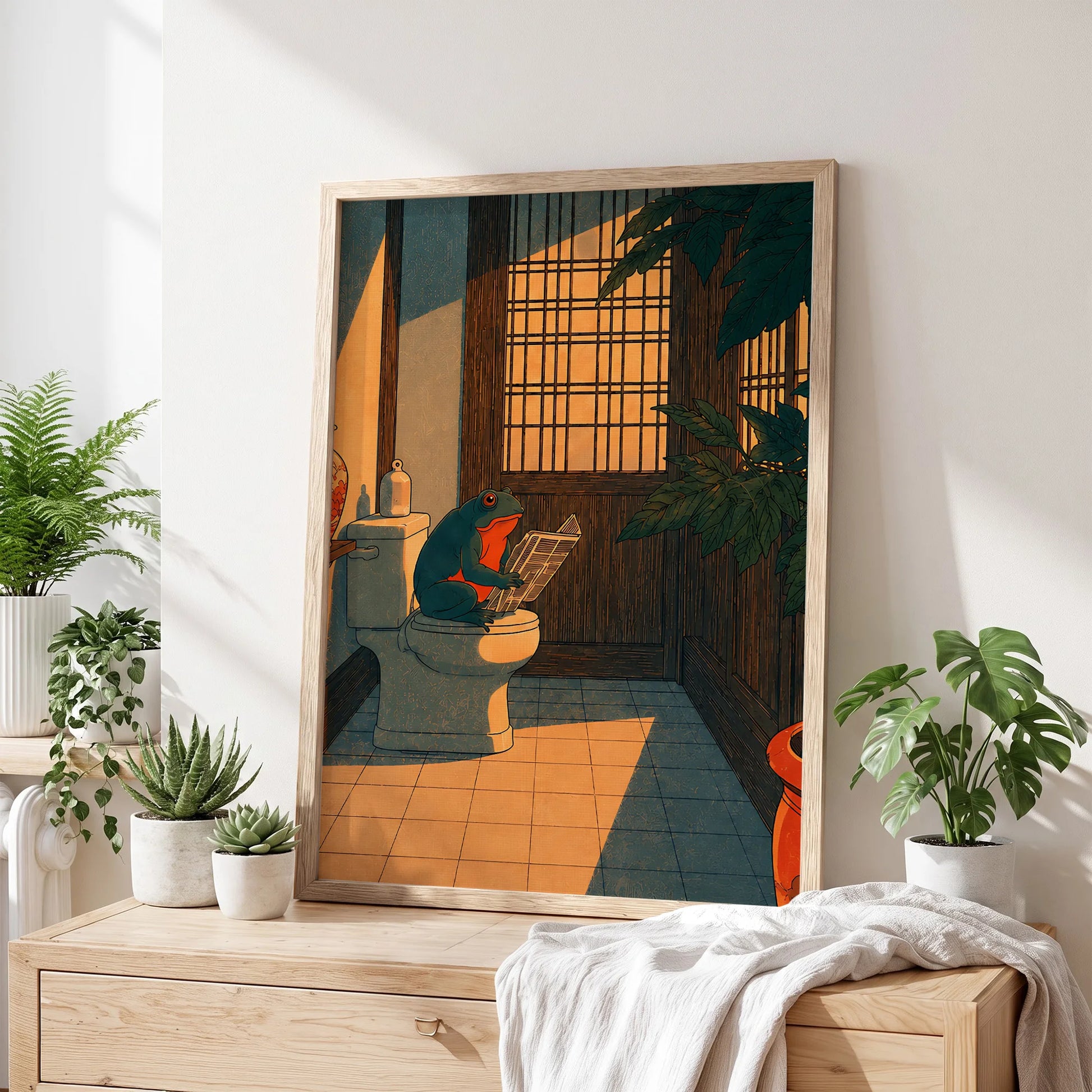 Funny Japanese Frog in Toilet - Funny Canvas Wall Art - Bathroom Nature Frame 1