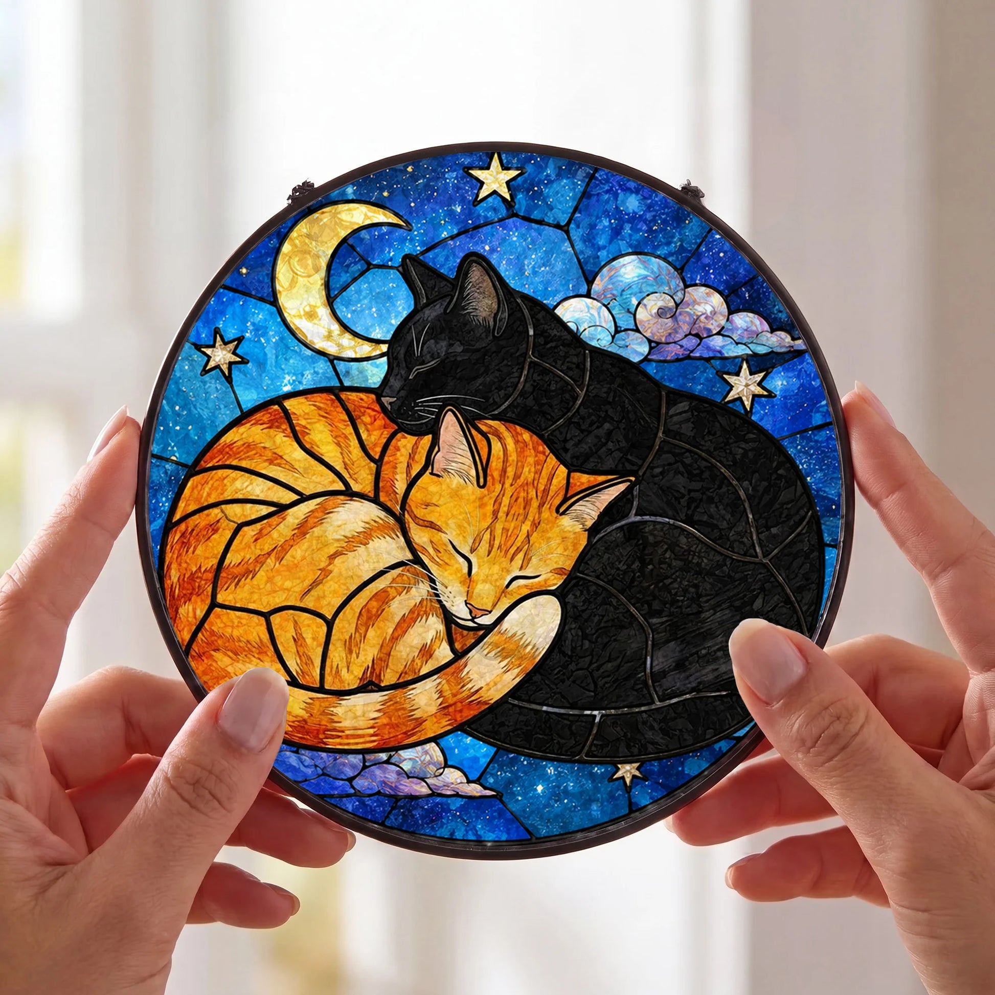 Black Cat Portrait Suncatcher - Personalized Stained Glass Window Hanging - Close Up