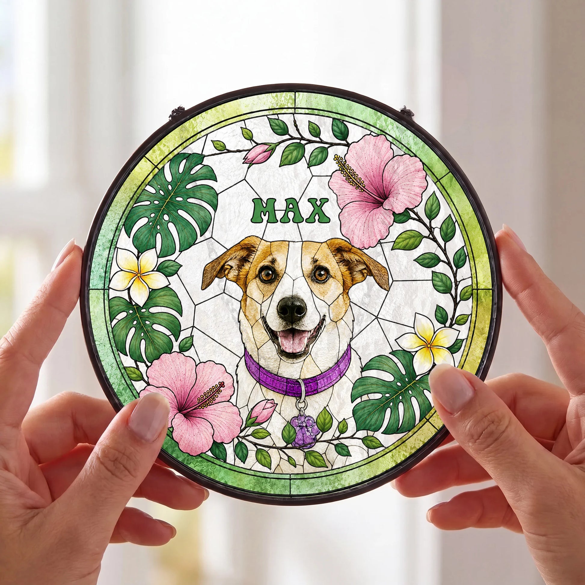 Custom Pet Portrait Suncatcher - Personalized Stained Glass Window Hanging - Close Up