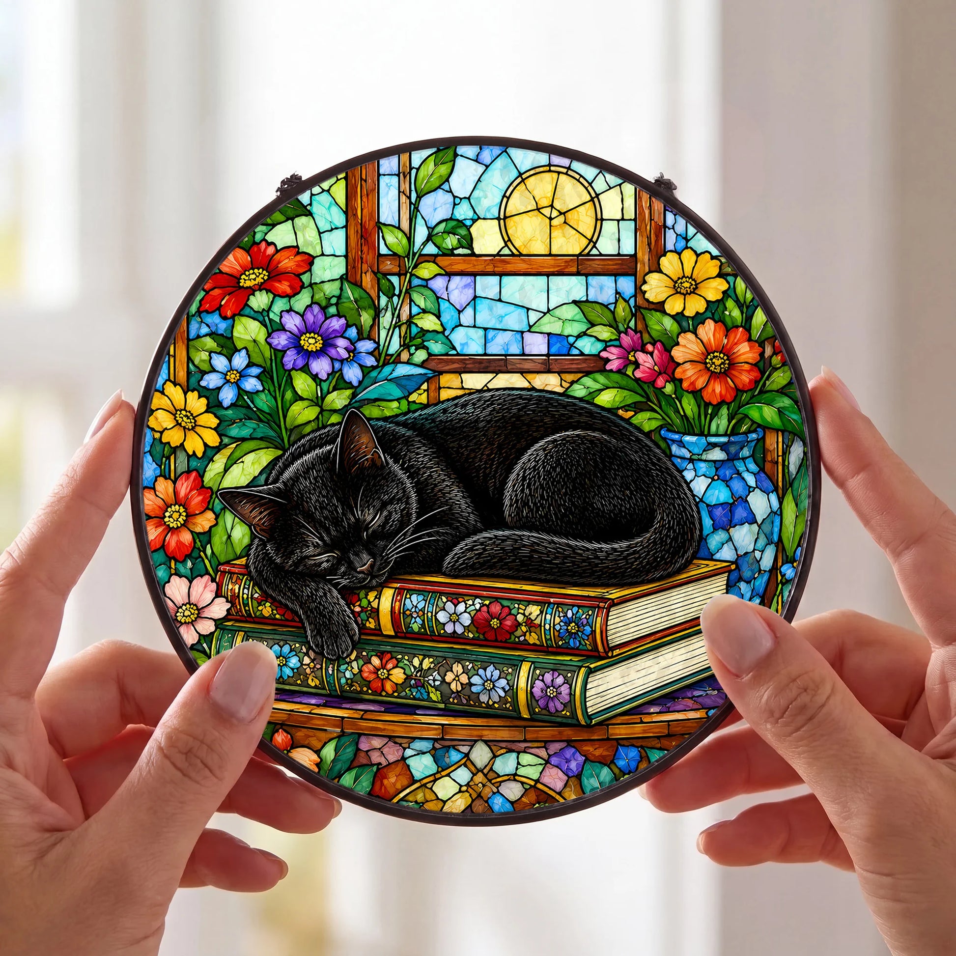 Cat Stained Glass Suncatcher Window - Close Up