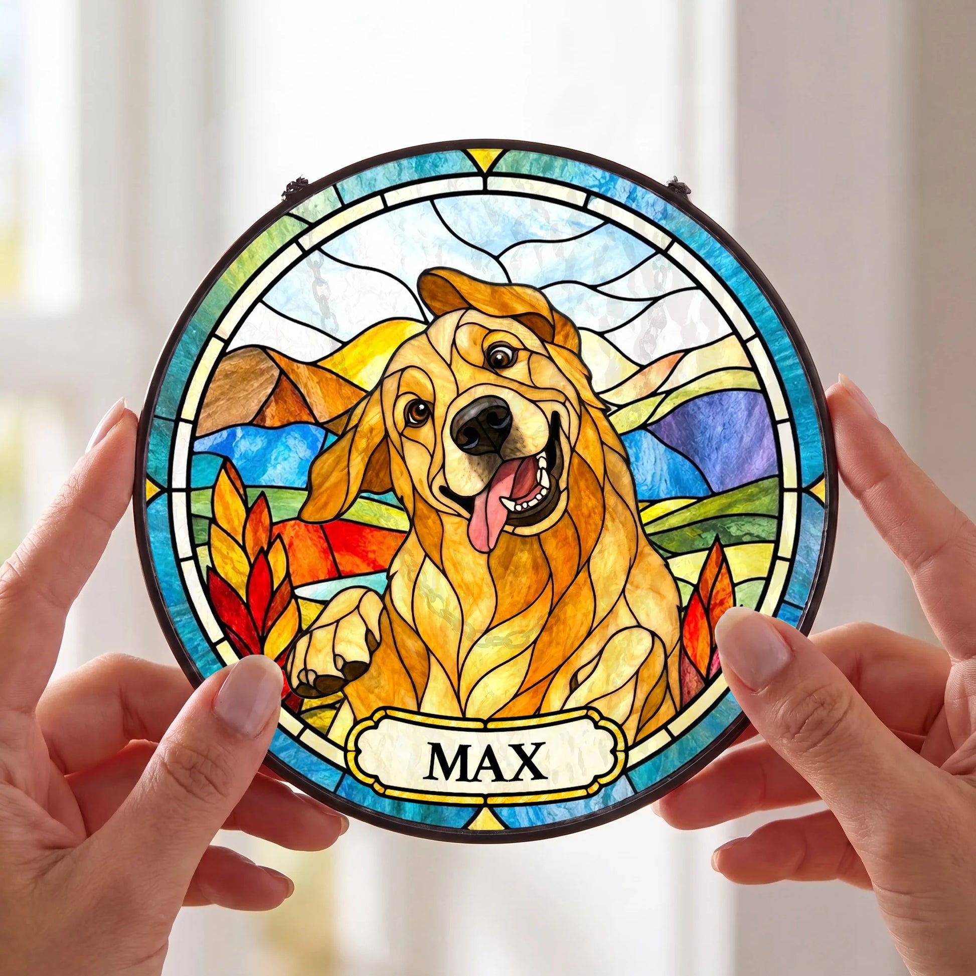 Custom Pet Portrait Stained Glass - Personalized Window Hanging Suncatcher - Close Up