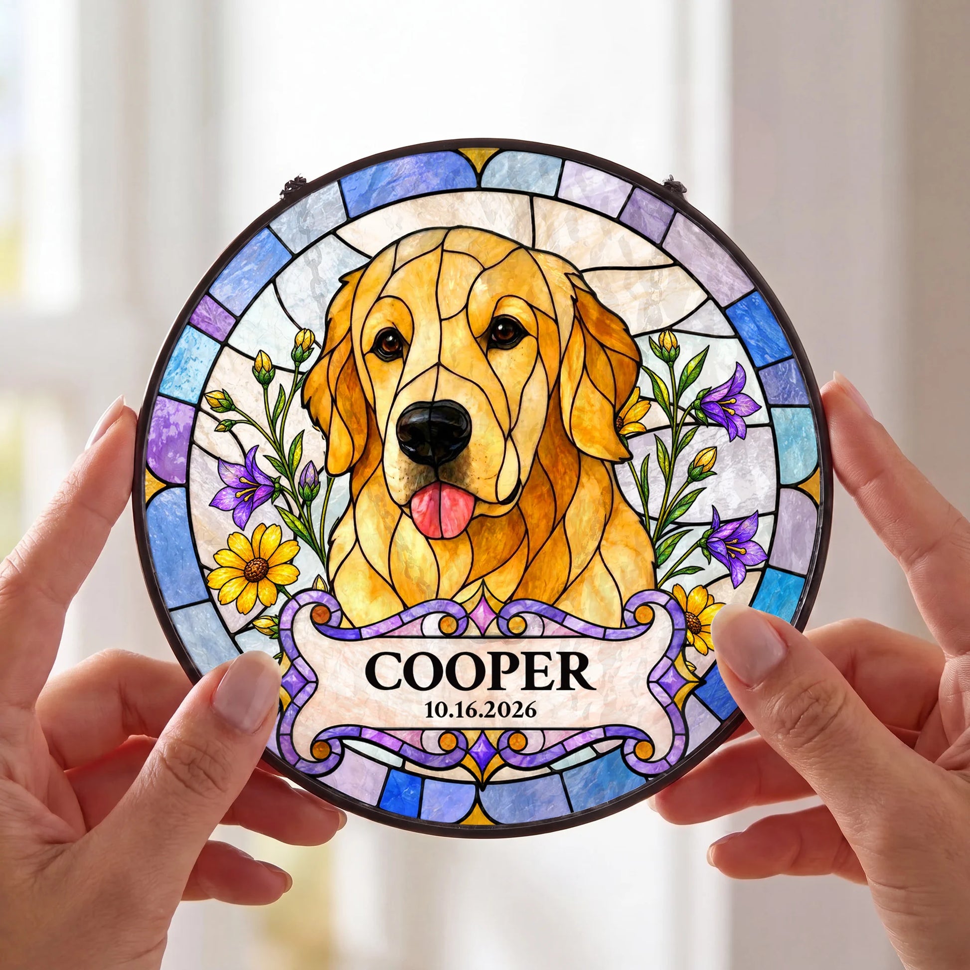 Custom Dog Portrait Suncatcher - Personalized Stained Glass Window Hanging - Close Up