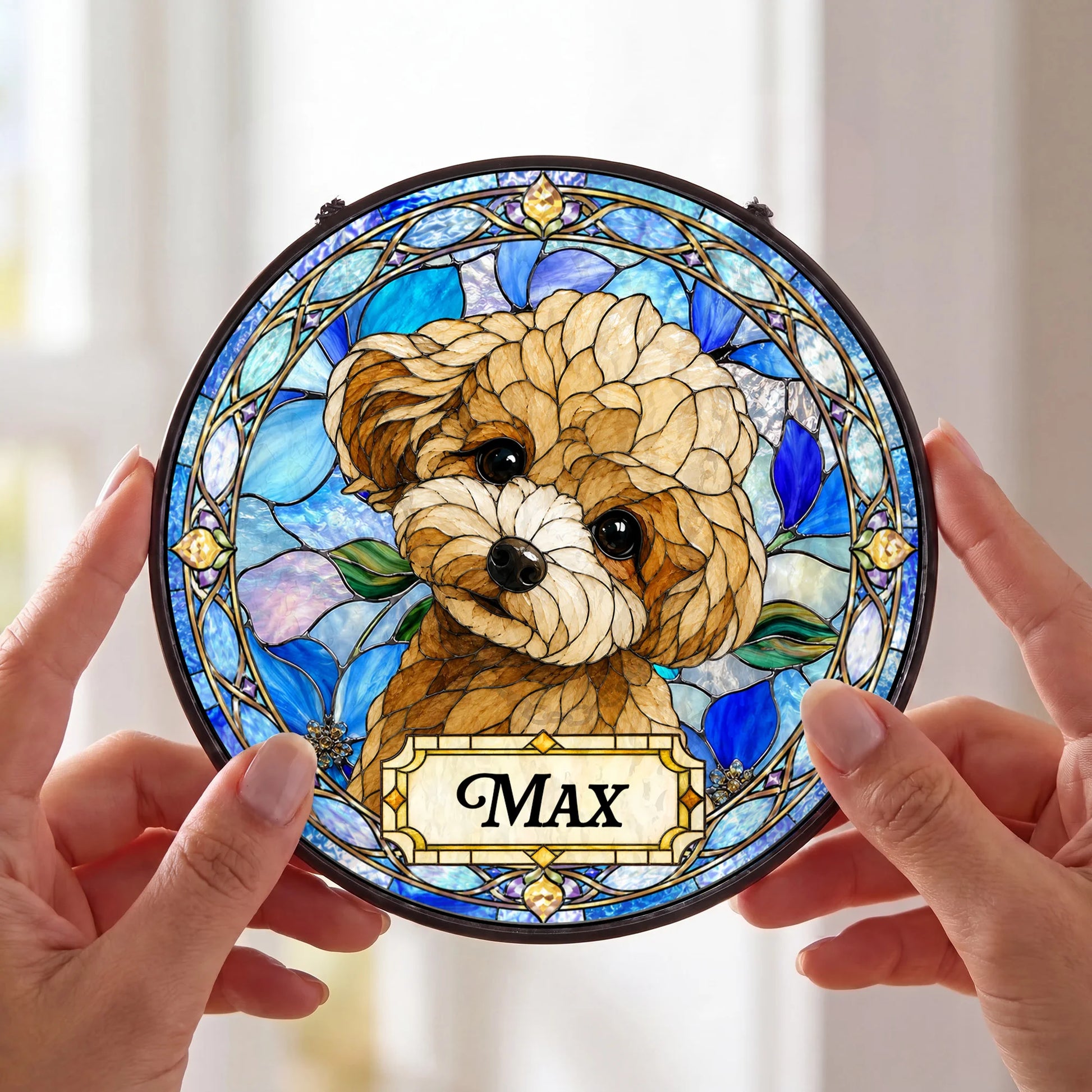 Custom Dog Portrait Suncatcher - Personalized Stained Glass Window Hanging - Close Up