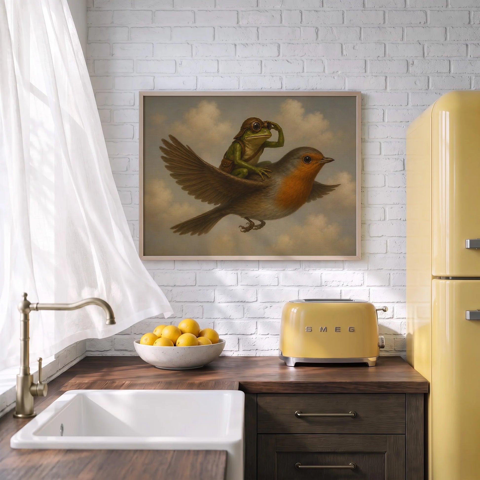 Vintage Whimsical Frog Riding - Funny Canvas Wall Art - Natural Frame 2