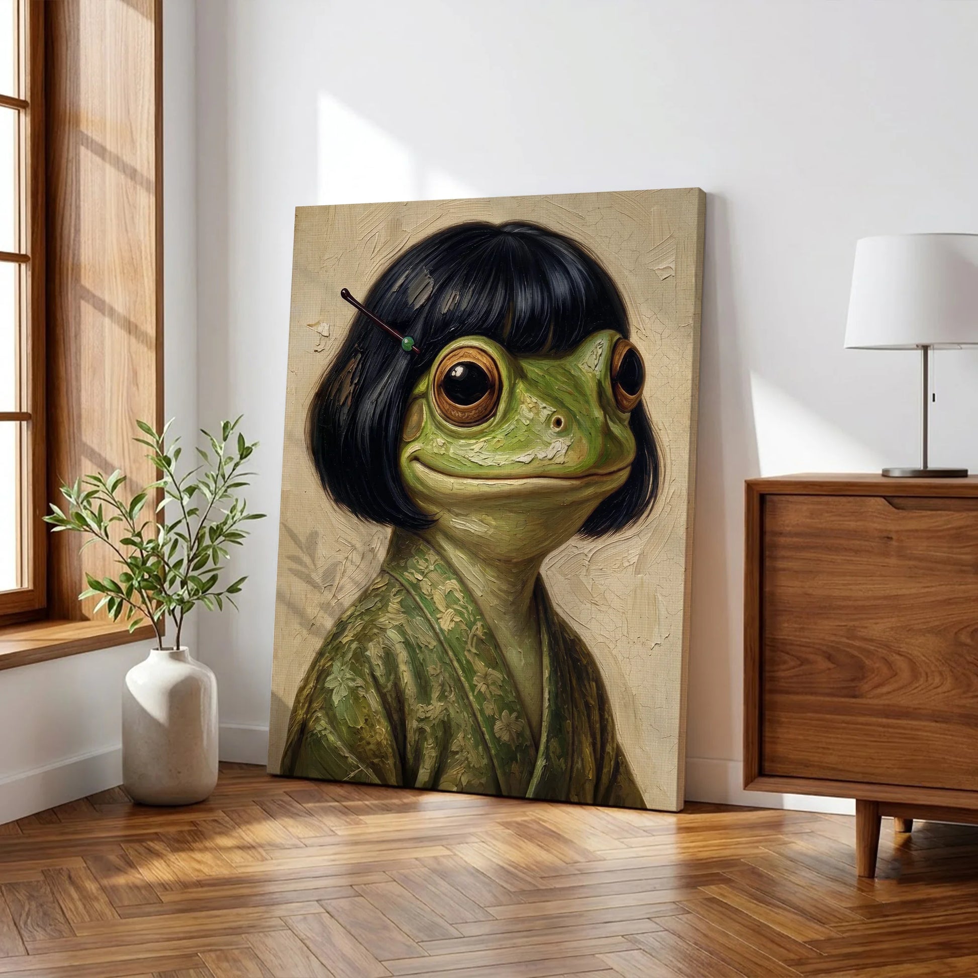 Whimsical Bob Hair Frog Portrait Vintage - Funny Canvas Wall Art - Wrapped Canvas 2