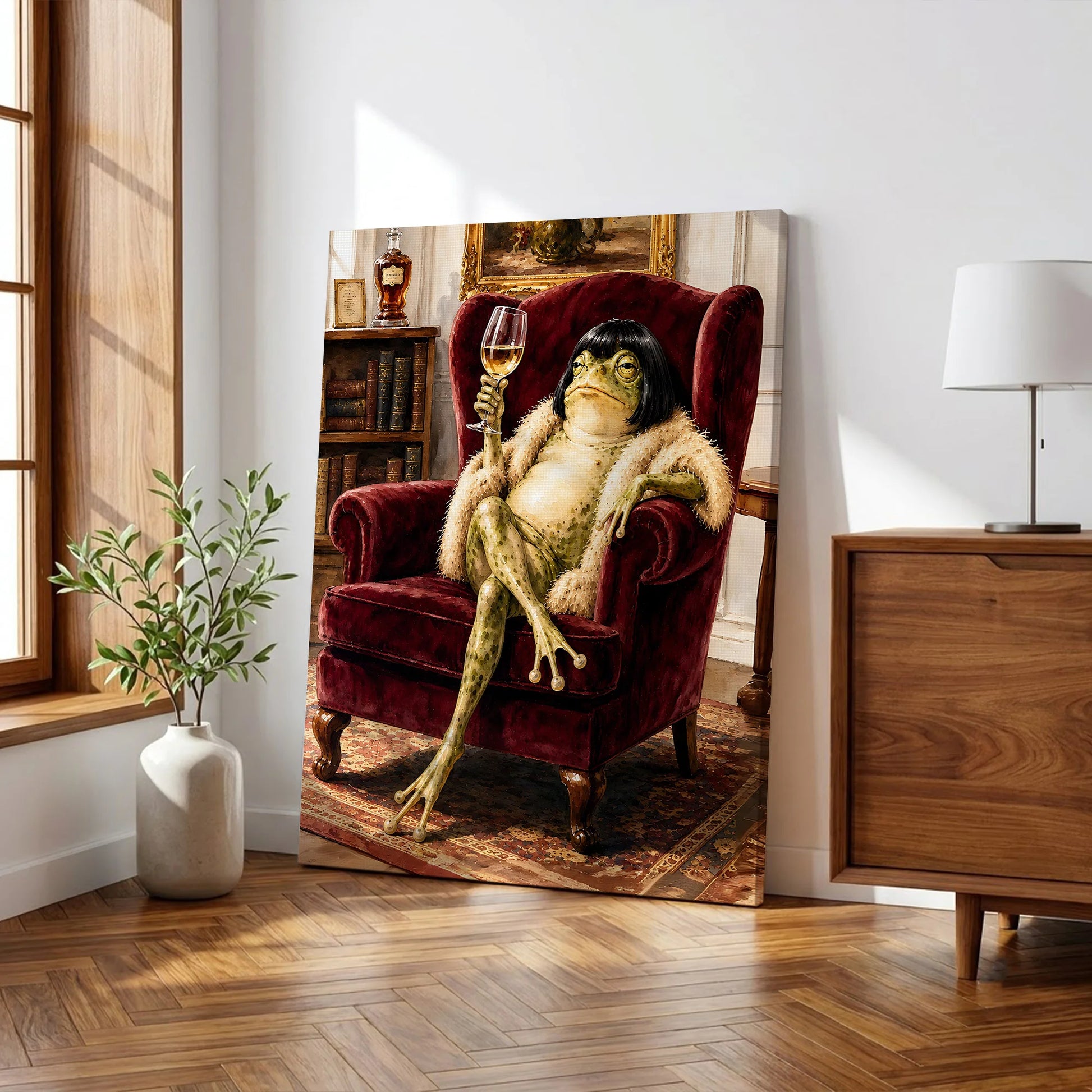 Vintage Whimsical Bob Hair Frog Drinking Champagne  - Funny Canvas Wall Art - Wrapped Canvas 2