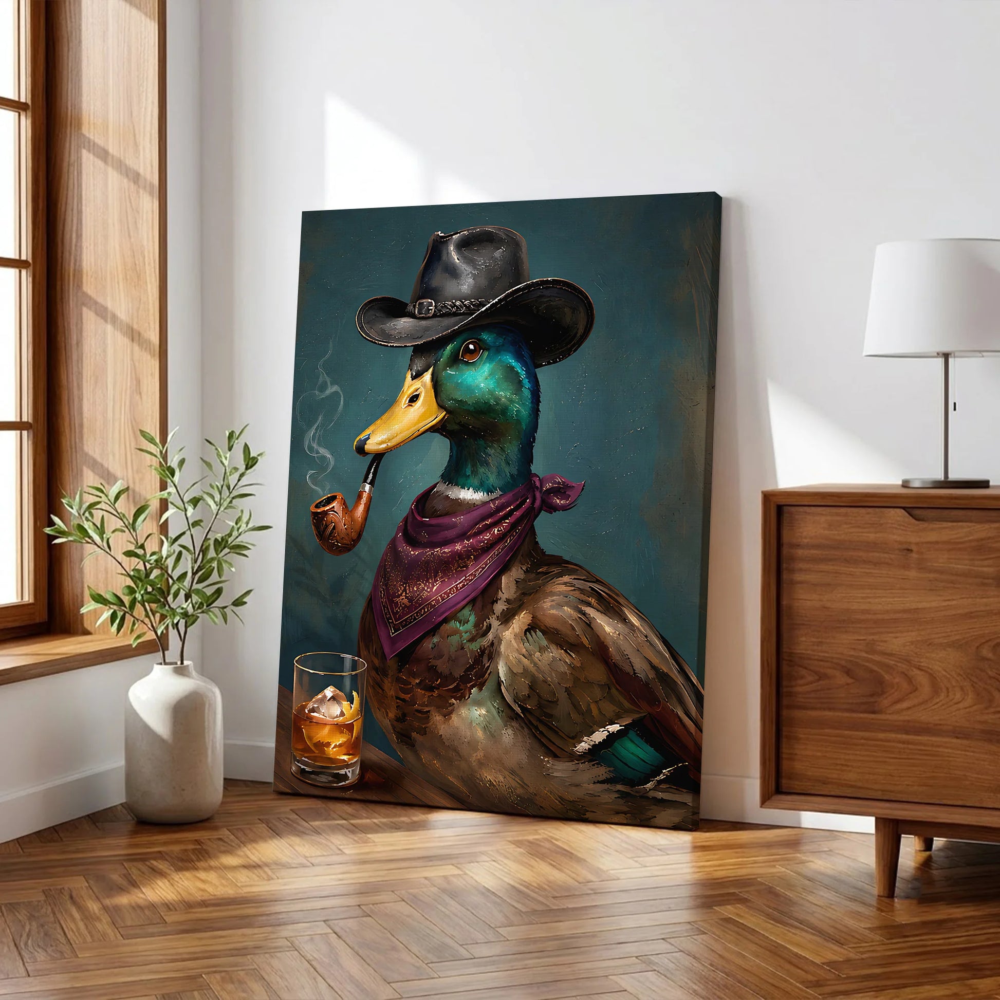 Cowboy Duck Smoking Whiskey Vintage Western - Funny Canvas Wall Art - Wrapped Canvas 2