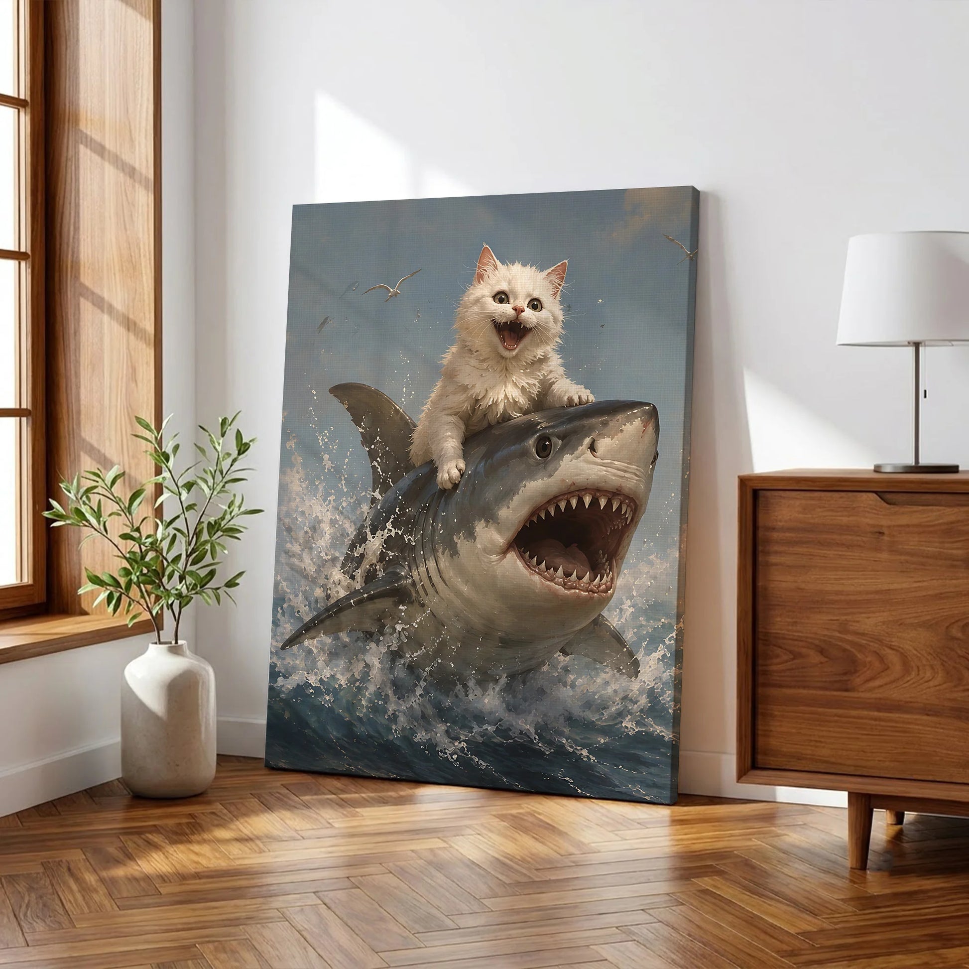 Funny White Cat Riding Shark - Funny Canvas Wall Art - Wrapped Canvas 2