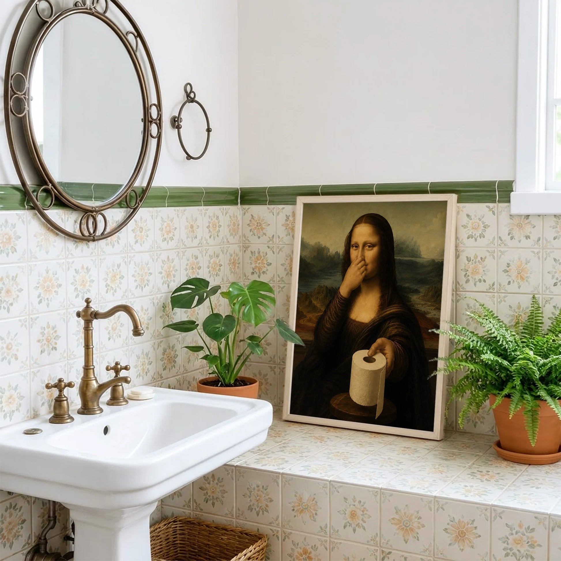 Funny Mona Lisa Pinching Nose Bathroom Parody - Funny Canvas Wall Art - Bathroom Nature Frame 2