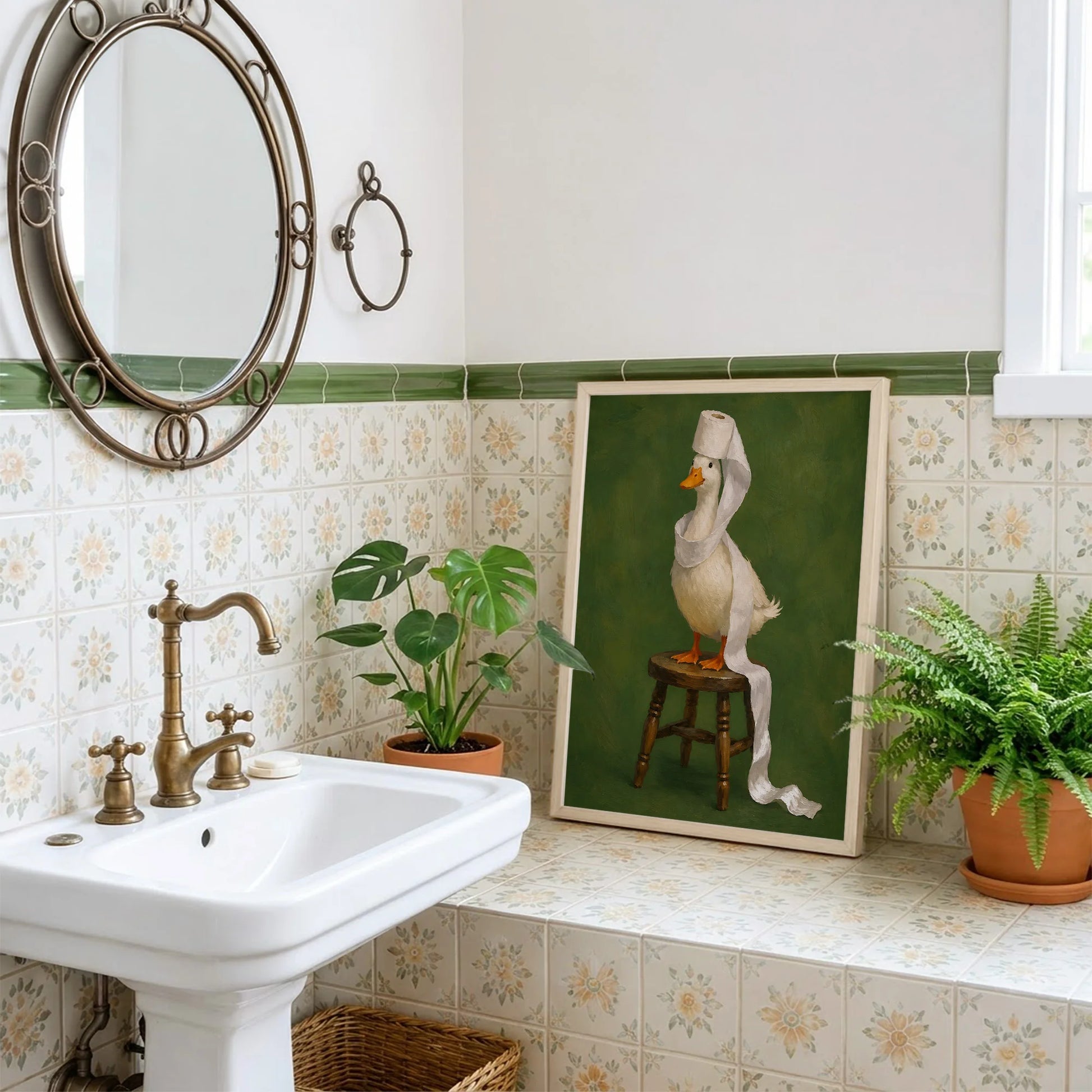 Funny Duck Toilet Paper Vintage Painting Print Art - Funny Canvas Wall Art - Bathroom Nature Frame 2