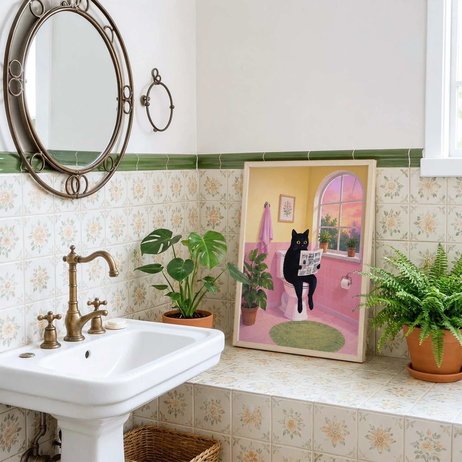 Cute Black Cat Sitting on Toilet Reading Newspaper - Funny Canvas Wall Art - Bathroom Nature Frame 2
