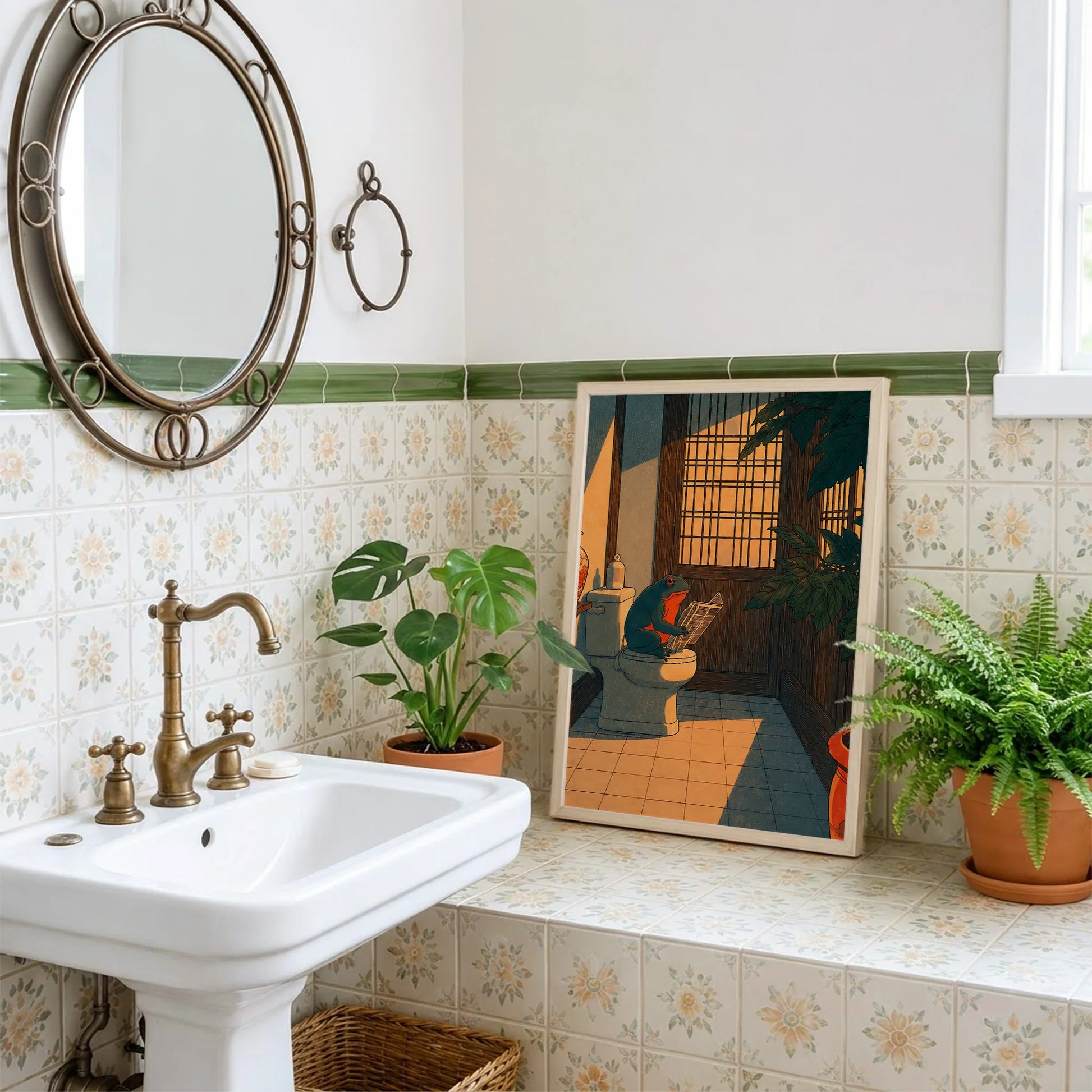 Funny Japanese Frog in Toilet - Funny Canvas Wall Art - Bathroom Nature Frame 2