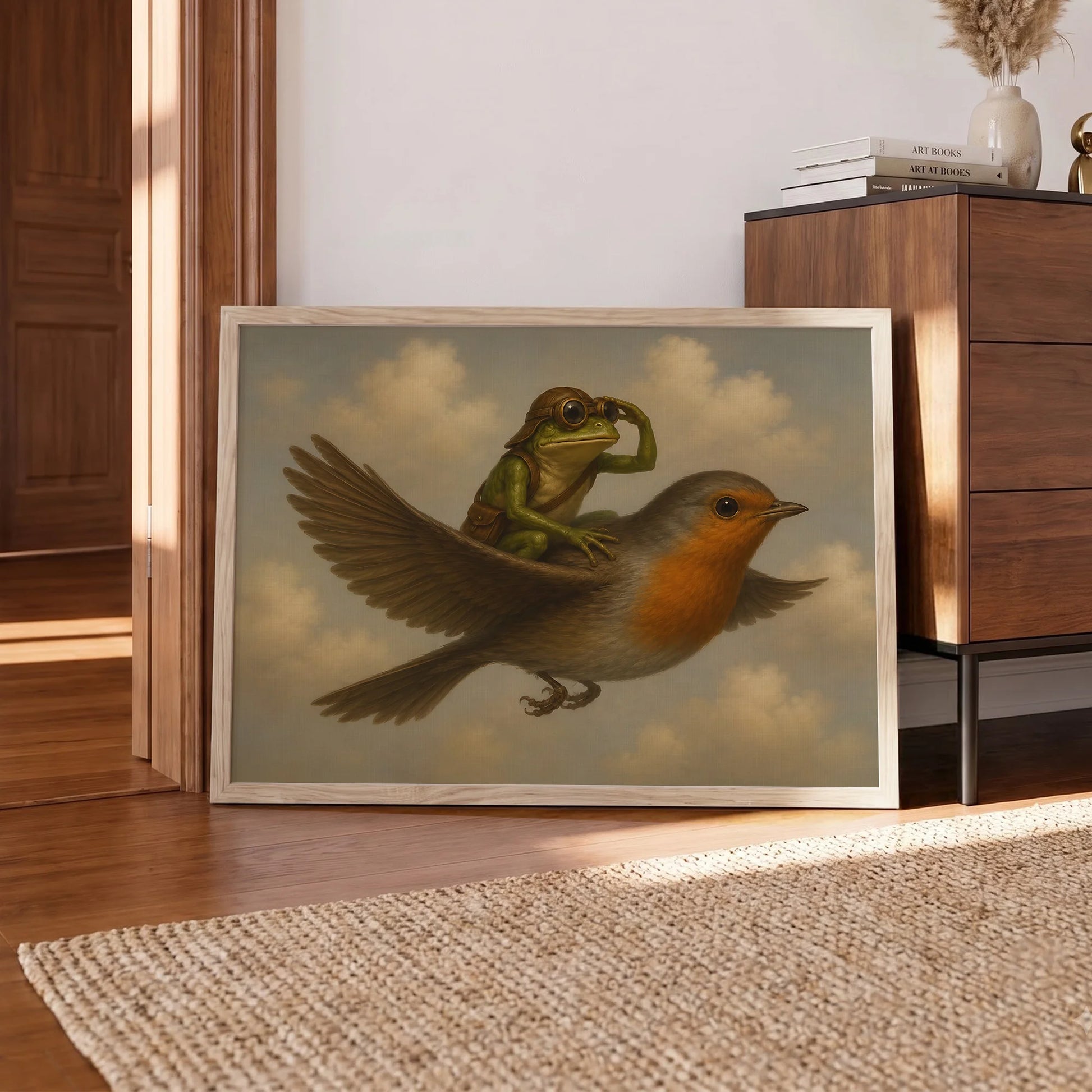 Vintage Whimsical Frog Riding - Funny Canvas Wall Art - Natural Frame 3